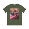 Fashionista Black Woman Tee featuring a vintage-inspired retro 50s African American lady driving a pink convertible. A stylish fly girl tee celebrating Black beauty and classic fashion.