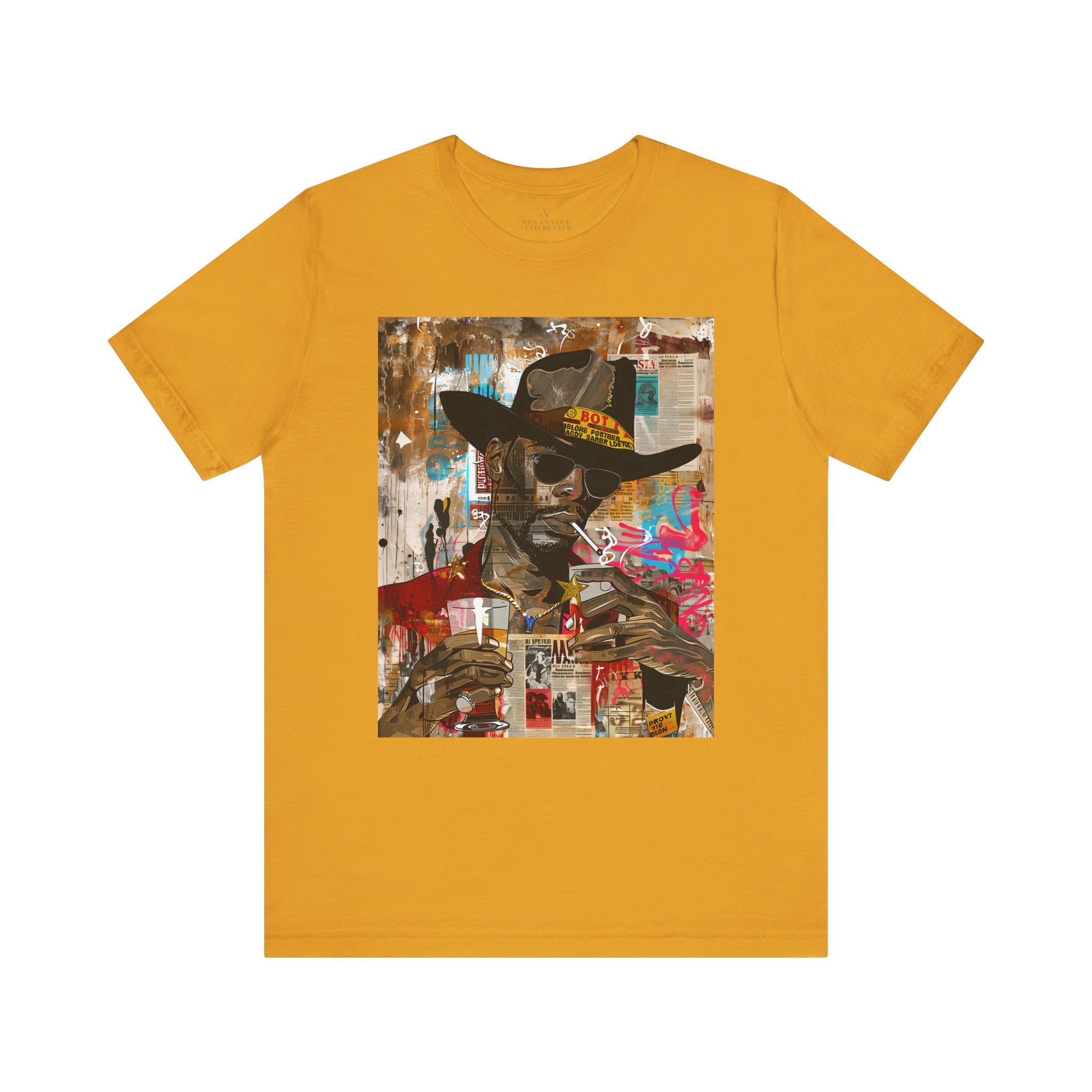 Urban Black Cowboy Tee featuring a graffiti collage design of an African American cowboy wearing dark sunglasses, smoking a cigarette, and holding a neat whiskey. A bold, edgy Afrocentric pop art-style shirt celebrating Black culture.
