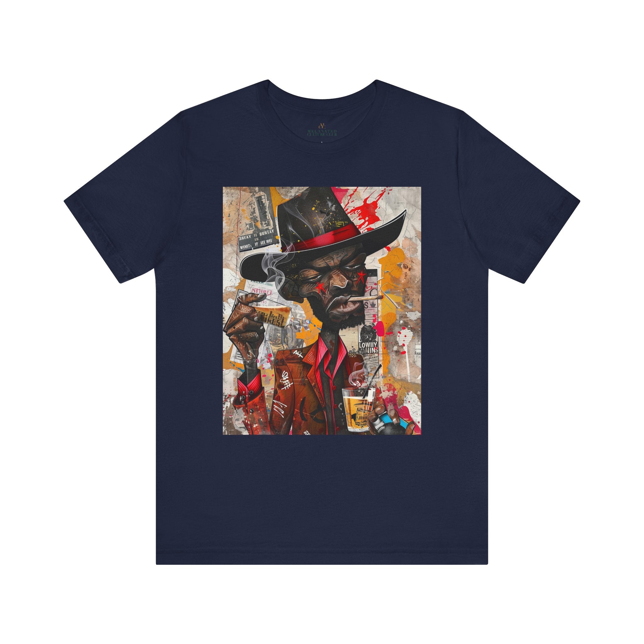 Gangster Black Cowboy Tee featuring a cartoon-style African American cowboy in a graffiti collage design. A bold, edgy Afrocentric pop art-style shirt blending Western and urban street culture.