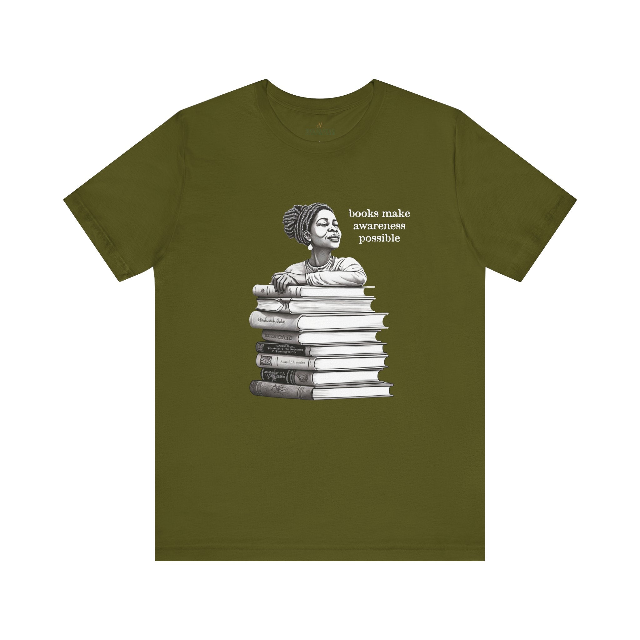 Black Woman Reading Books Tee Shirt in olive.