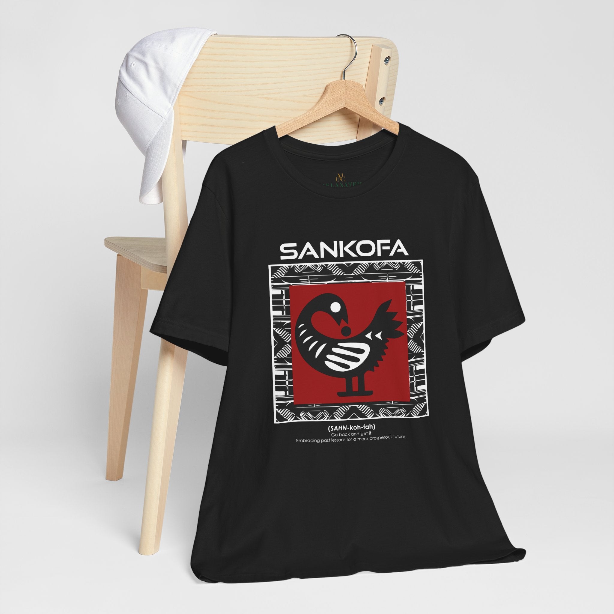 Adinkra Sankofa Tee featuring the African bird symbol with the message "Go Back and Get It." A meaningful tribute to African heritage, cultural symbolism, and learning from the past.