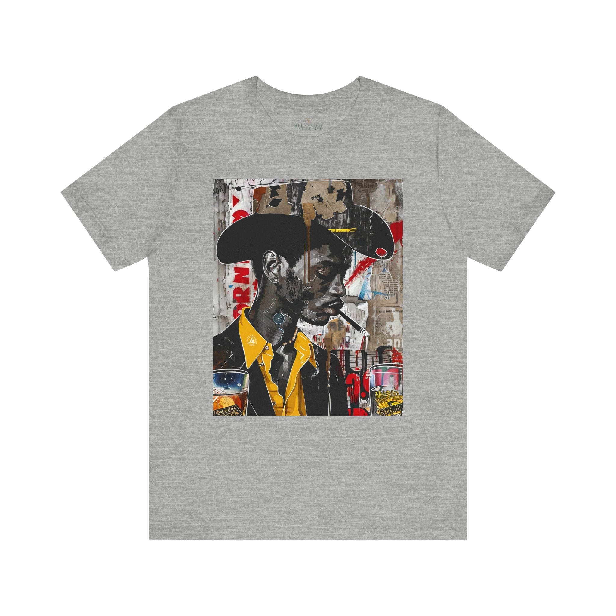 Western Rugged Black Cowboy Tee featuring an edgy African American man with a cigar and whiskey. A bold Afrocentric culture shirt with pop art, graffiti, and collage-inspired design.