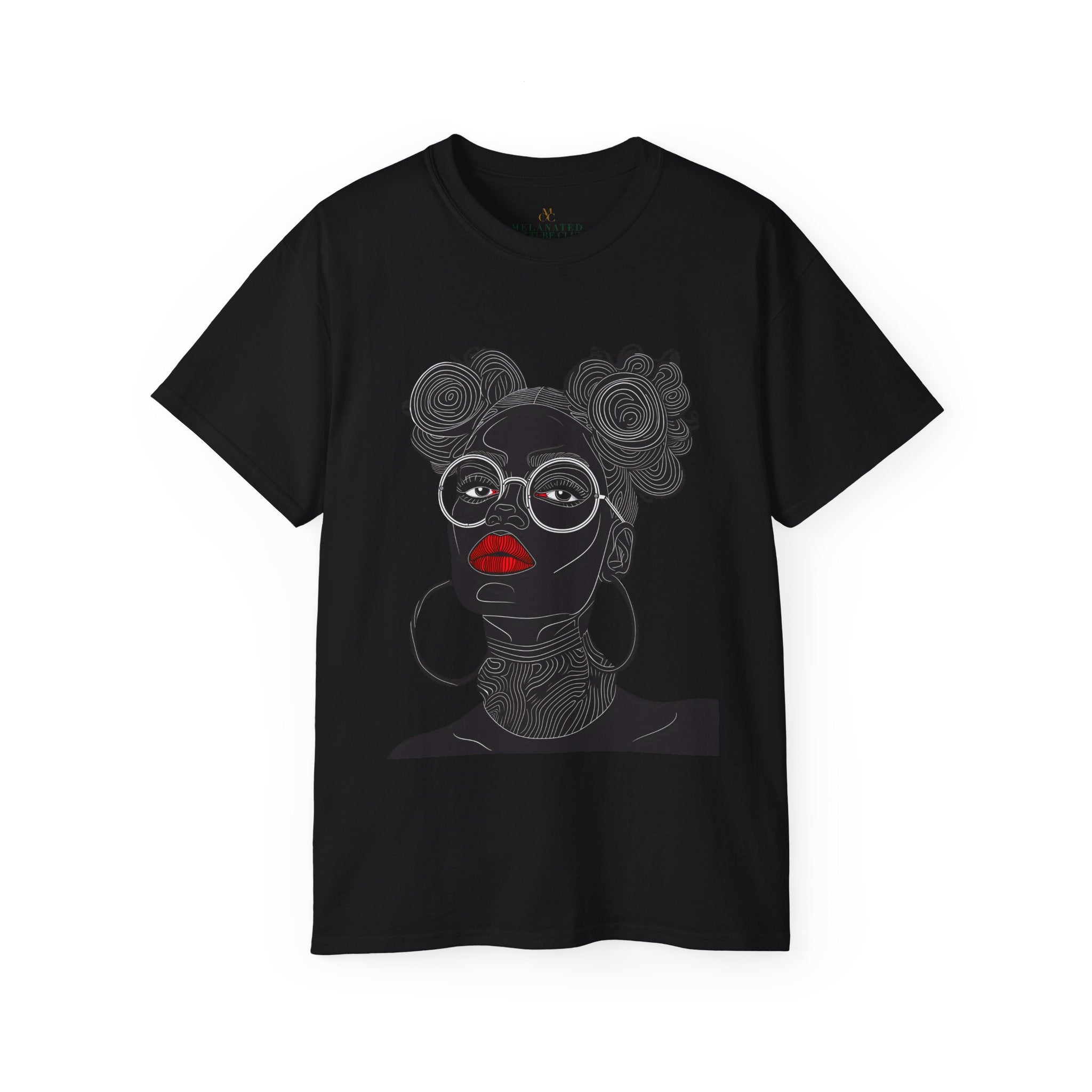 Black Girl Bantu Knots Tee Shirt featuring an Afrocentric design of a Black woman with natural hair, bold red lipstick, beautiful Black skin, and white wire-frame glasses. A stylish statement of culture and empowerment.