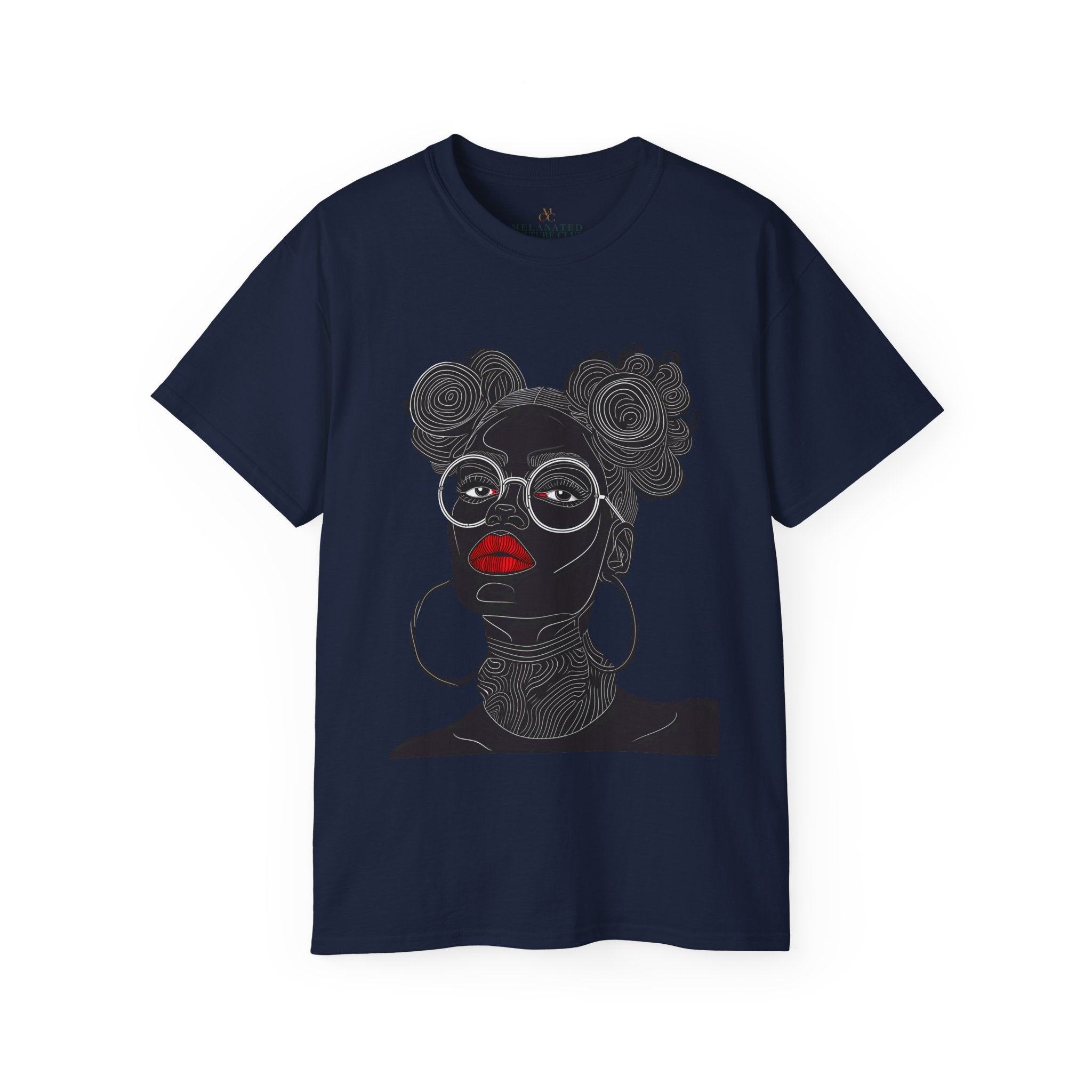 Black Girl Bantu Knots Tee Shirt featuring an Afrocentric design of a Black woman with natural hair, bold red lipstick, beautiful Black skin, and white wire-frame glasses. A stylish statement of culture and empowerment.