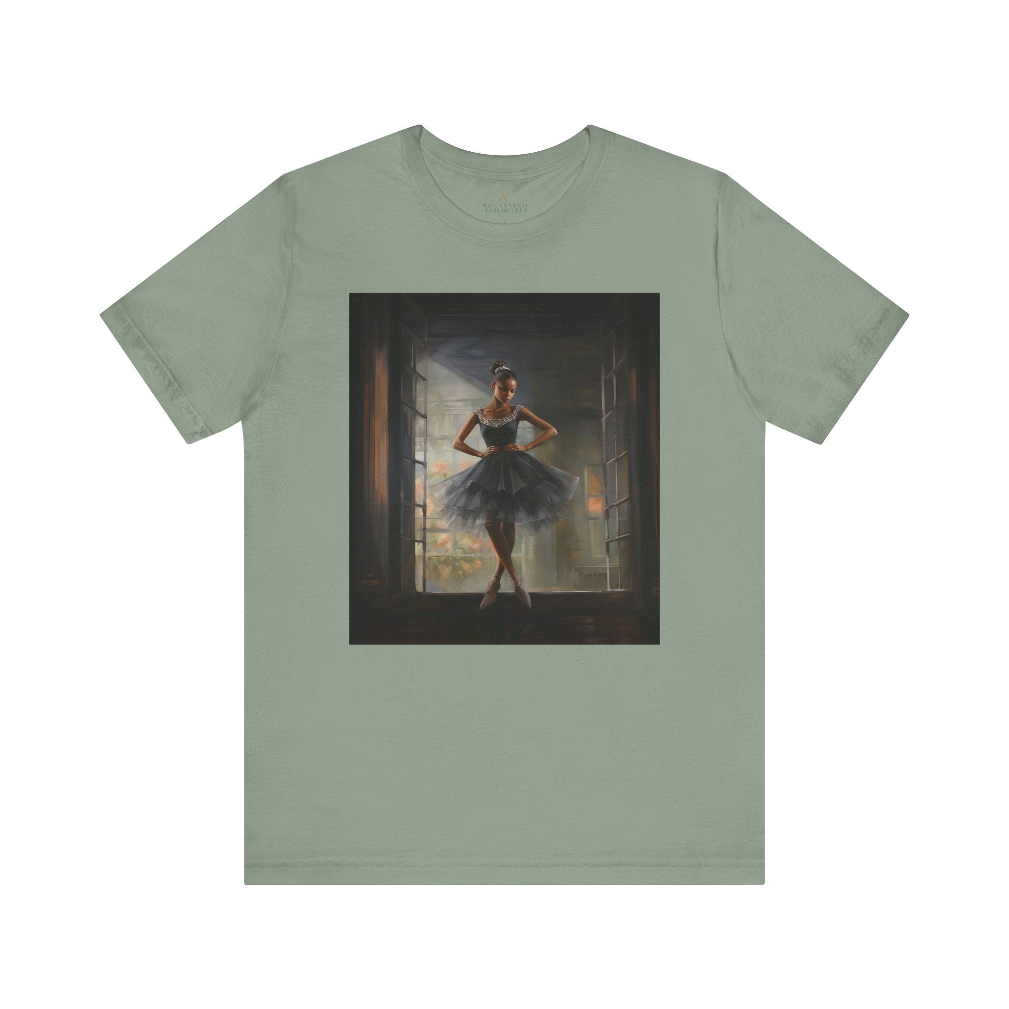 Black Ballerina Tee Shirt featuring an African American dancer, in a beautiful black tulle dress, celebrating brown skin girls in ballet. A perfect gift for ballet students, teachers, and Black girls who love to dance.