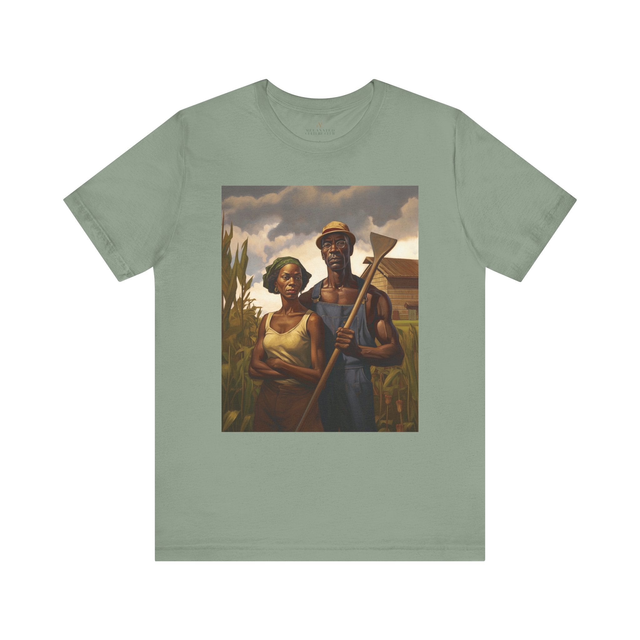 African American Gothic Farmer Tee Shirt in sage.