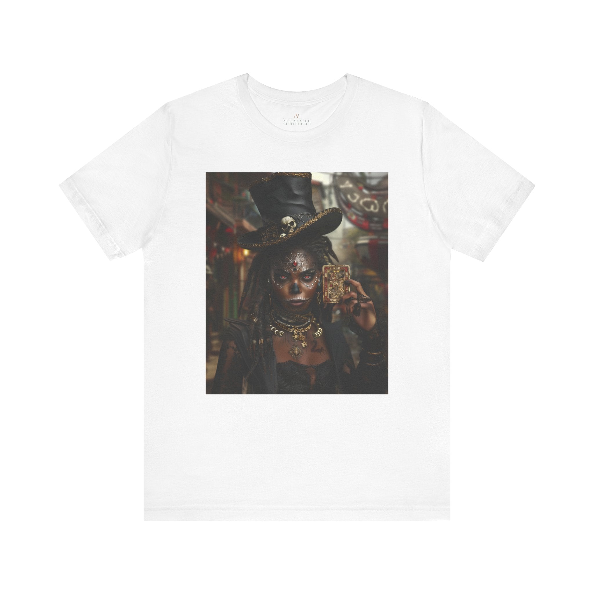Voodoo Priestess Tee Shirt featuring Afrocentric gothic artwork of a woman with skull face paint, red eyes, and holding a tarot card. Dark fantasy Afrocentric graphic tee for mysticism, culture, and streetwear fashion.