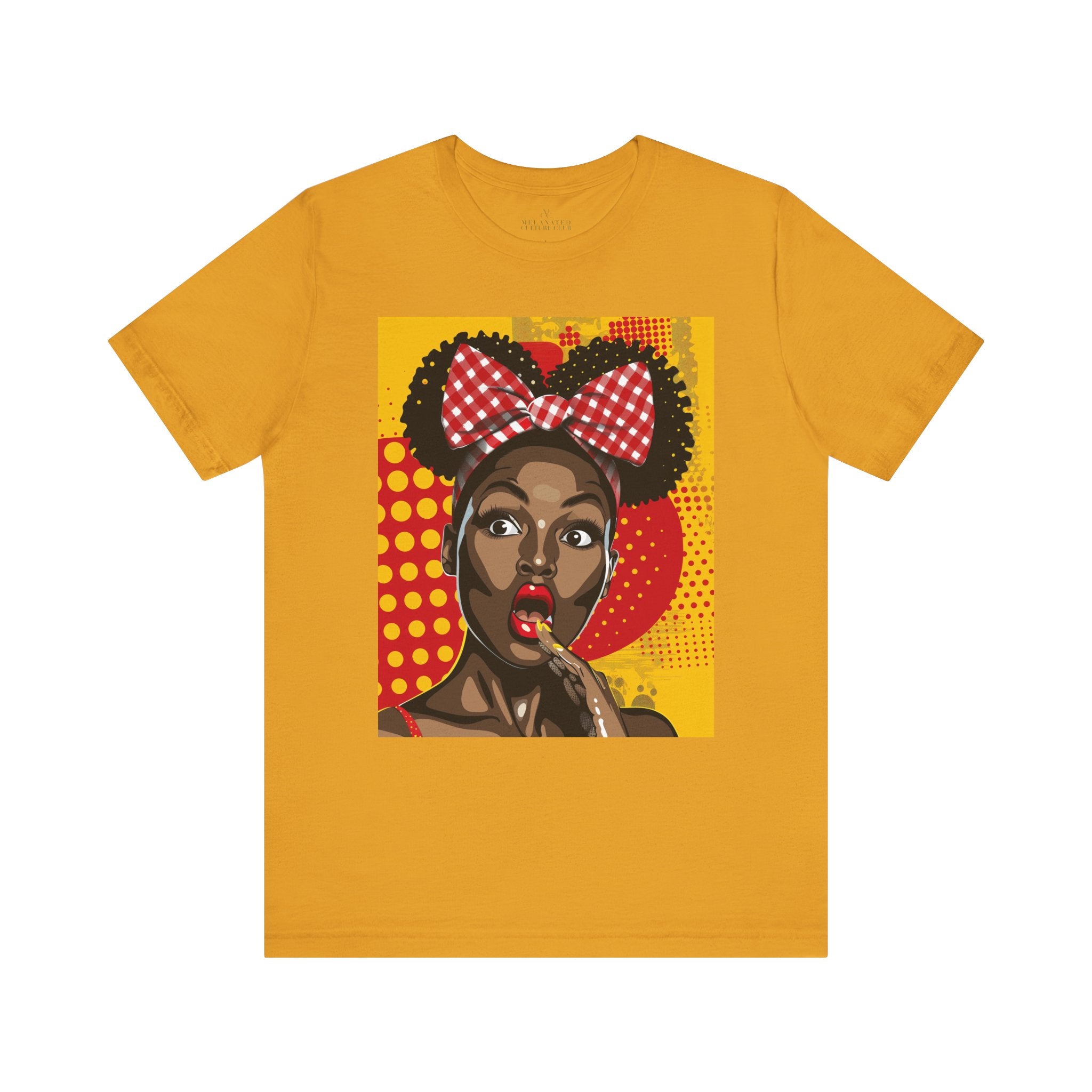 Black Girl Shocked Look Tee Shirt featuring a cartoon-style pop art illustration of a Black woman with natural hair and a red polka-dotted hair bow. Afrocentric graphic tee celebrating Black Girl Magic and expressive streetwear style.