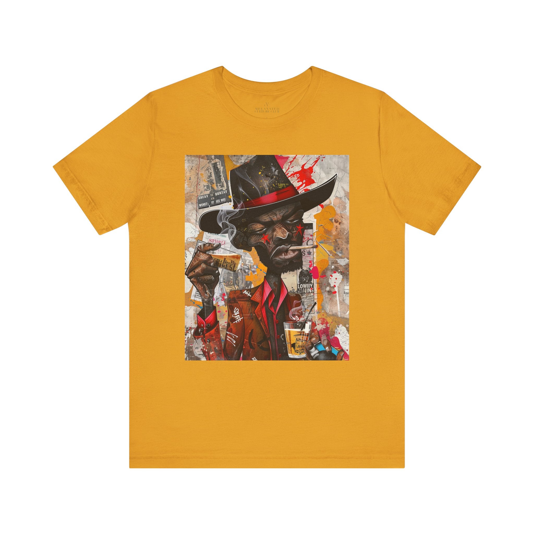 Gangster Black Cowboy Tee featuring a cartoon-style African American cowboy in a graffiti collage design. A bold, edgy Afrocentric pop art-style shirt blending Western and urban street culture.