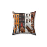 Harlem Neighborhood Faux Suede Square Pillow featuring an abstract Afrocentric design inspired by Harlem street life and culture. A vibrant African American art accent pillow for sofa or bed decor.