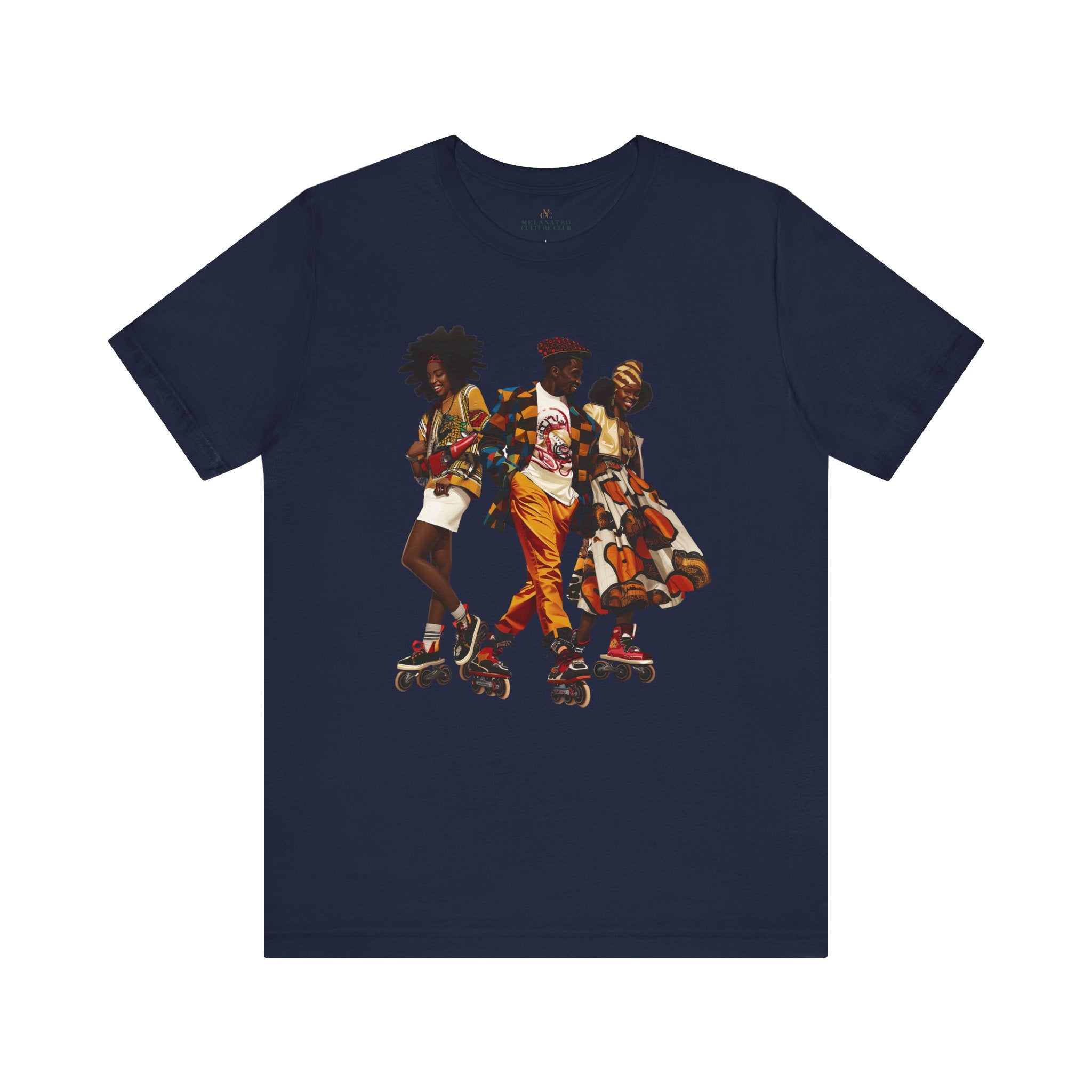 Black Roller Skaters Hip Hop Tee Shirt featuring a stylish Black man and women roller skating in vibrant Afrocentric streetwear; adult unisex top celebrating Black culture, retro skating vibes, and urban fashion.