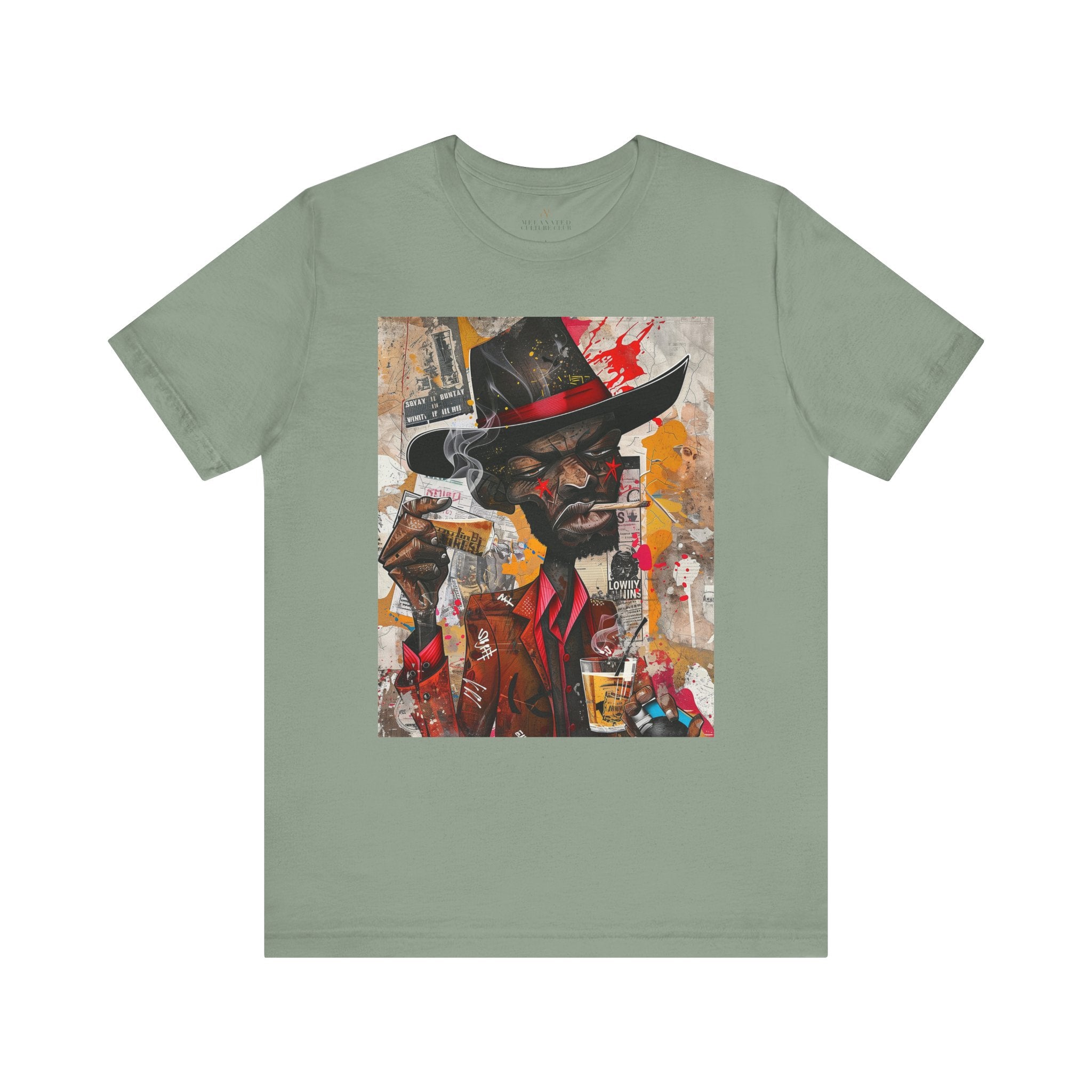 Gangster Black Cowboy Tee featuring a cartoon-style African American cowboy in a graffiti collage design. A bold, edgy Afrocentric pop art-style shirt blending Western and urban street culture.