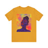 Leela Tee featuring Black woman with royal blue skin and red lipstick, Afrocentric fashion t-shirt for African American women, unisex apparel.