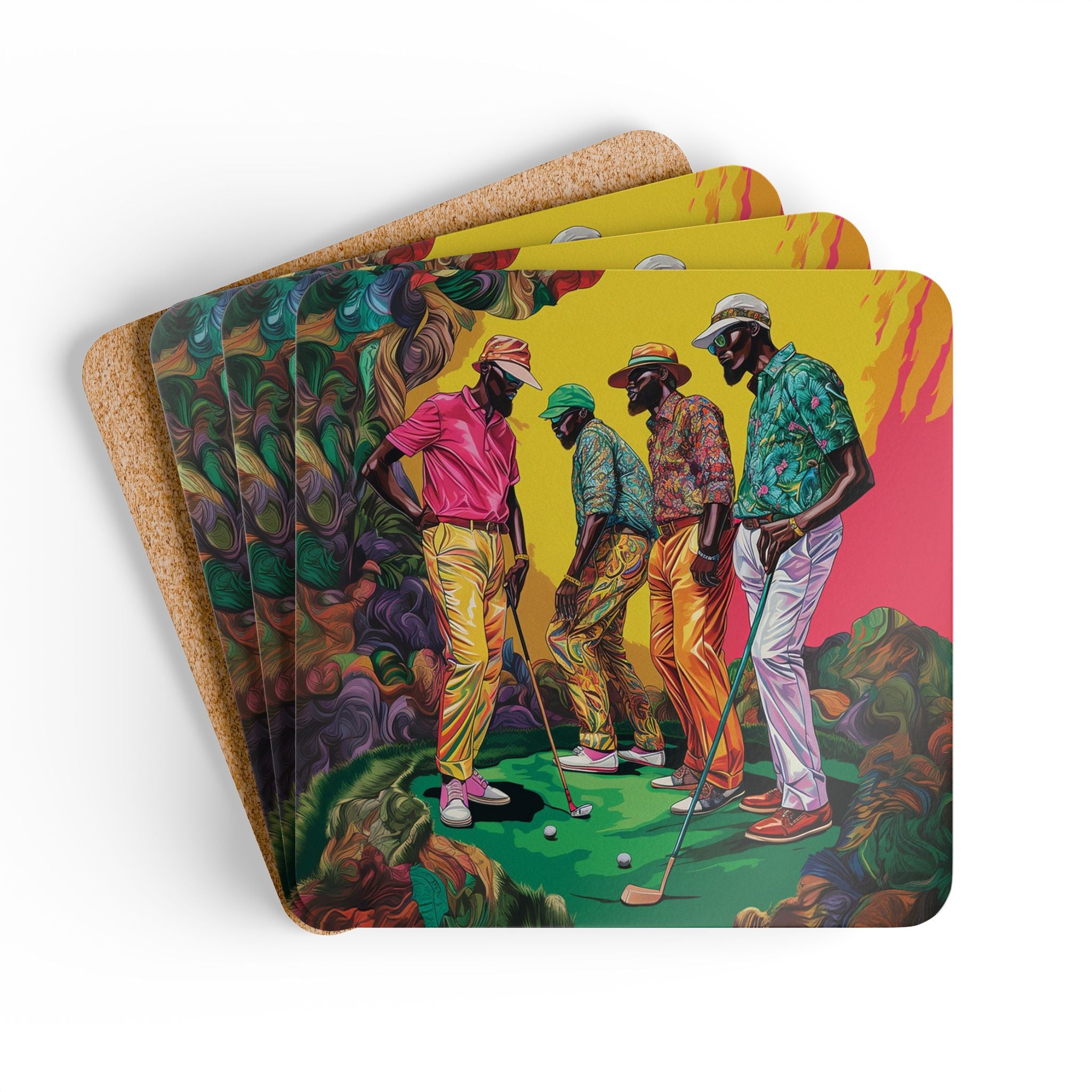 Black Men Playing Golf Drink Coasters – Set of 4 featuring stylish African American male golfers in action on the course, perfect gift for golf lovers and golf-themed housewarming decor.