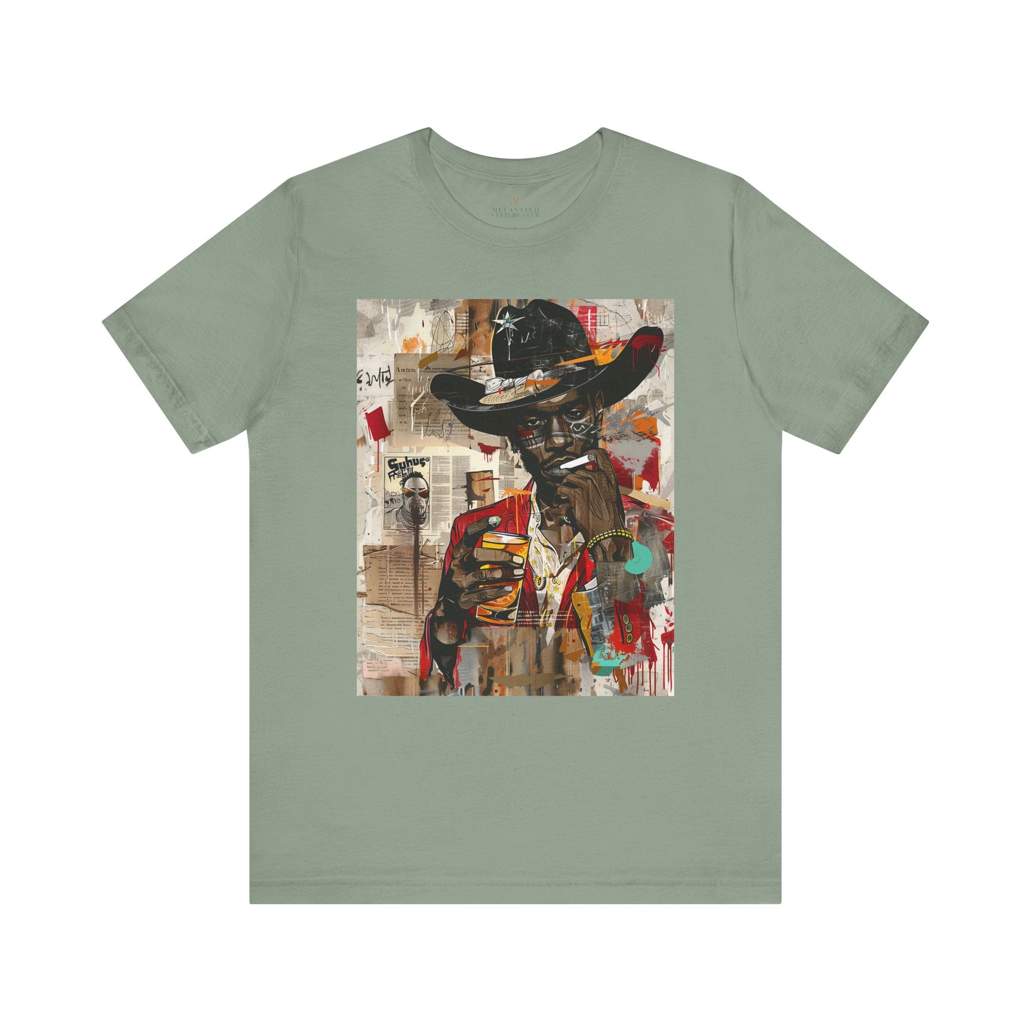 Black Cowboy Tee featuring an edgy African American cowboy with a challenging gaze, smoking a cigarette and drinking whiskey. A pop art, graffiti-inspired collage blending Western grit with urban street style.