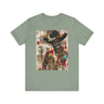Black Cowboy Tee featuring an edgy African American cowboy with a challenging gaze, smoking a cigarette and drinking whiskey. A pop art, graffiti-inspired collage blending Western grit with urban street style.