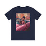 Fashionista Black Woman Tee featuring a vintage-inspired retro 50s African American lady driving a pink convertible. A stylish fly girl tee celebrating Black beauty and classic fashion.