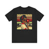 Black Woman Bowling Tee featuring a fashionista with a vintage-inspired 50s hairstyle, dark sunglasses, and a red bowling ball. A stylish sports league tee perfect for bowling enthusiasts and retro fashion lovers.