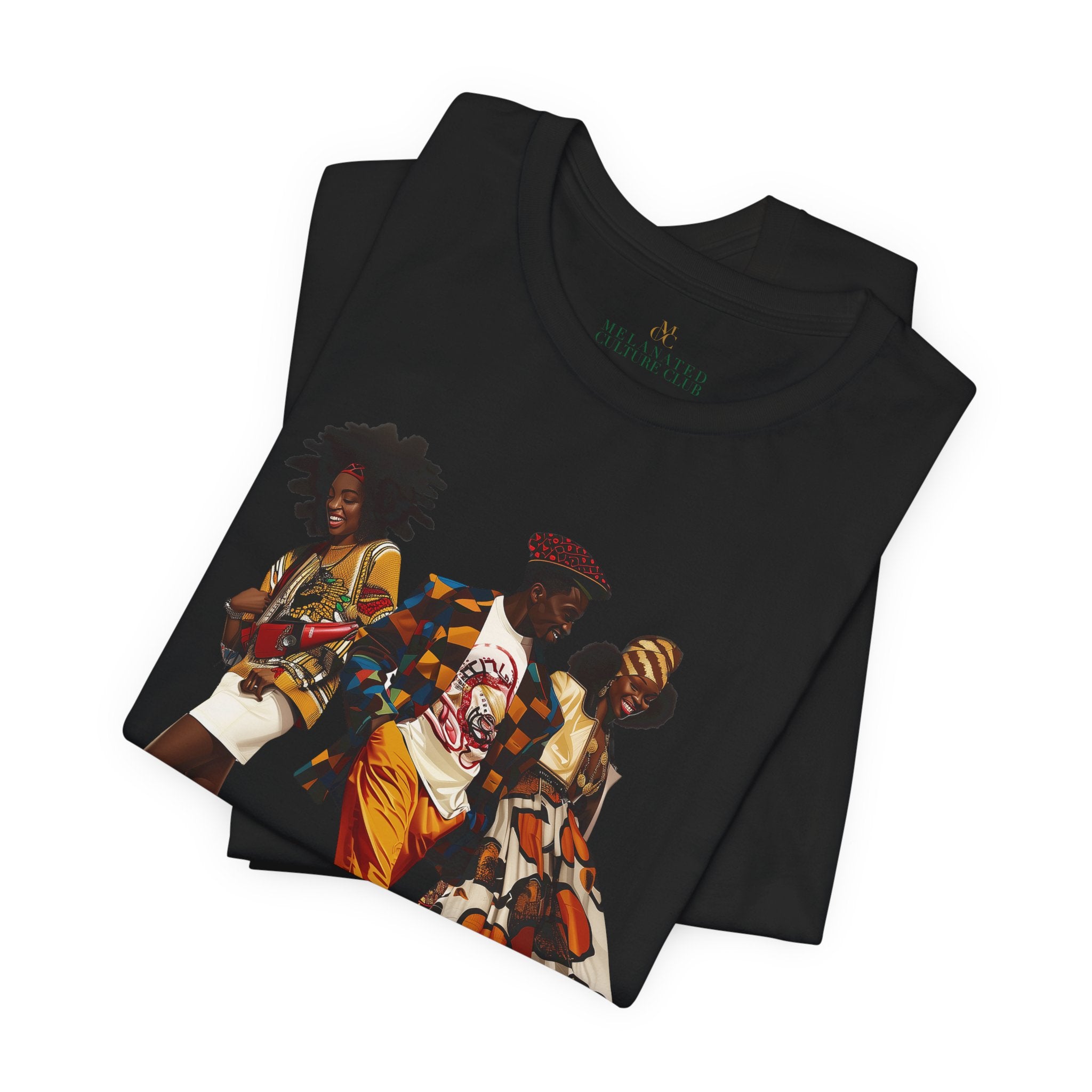 Black Roller Skaters Hip Hop Tee Shirt featuring a stylish Black man and women roller skating in vibrant Afrocentric streetwear; adult unisex top celebrating Black culture, retro skating vibes, and urban fashion.