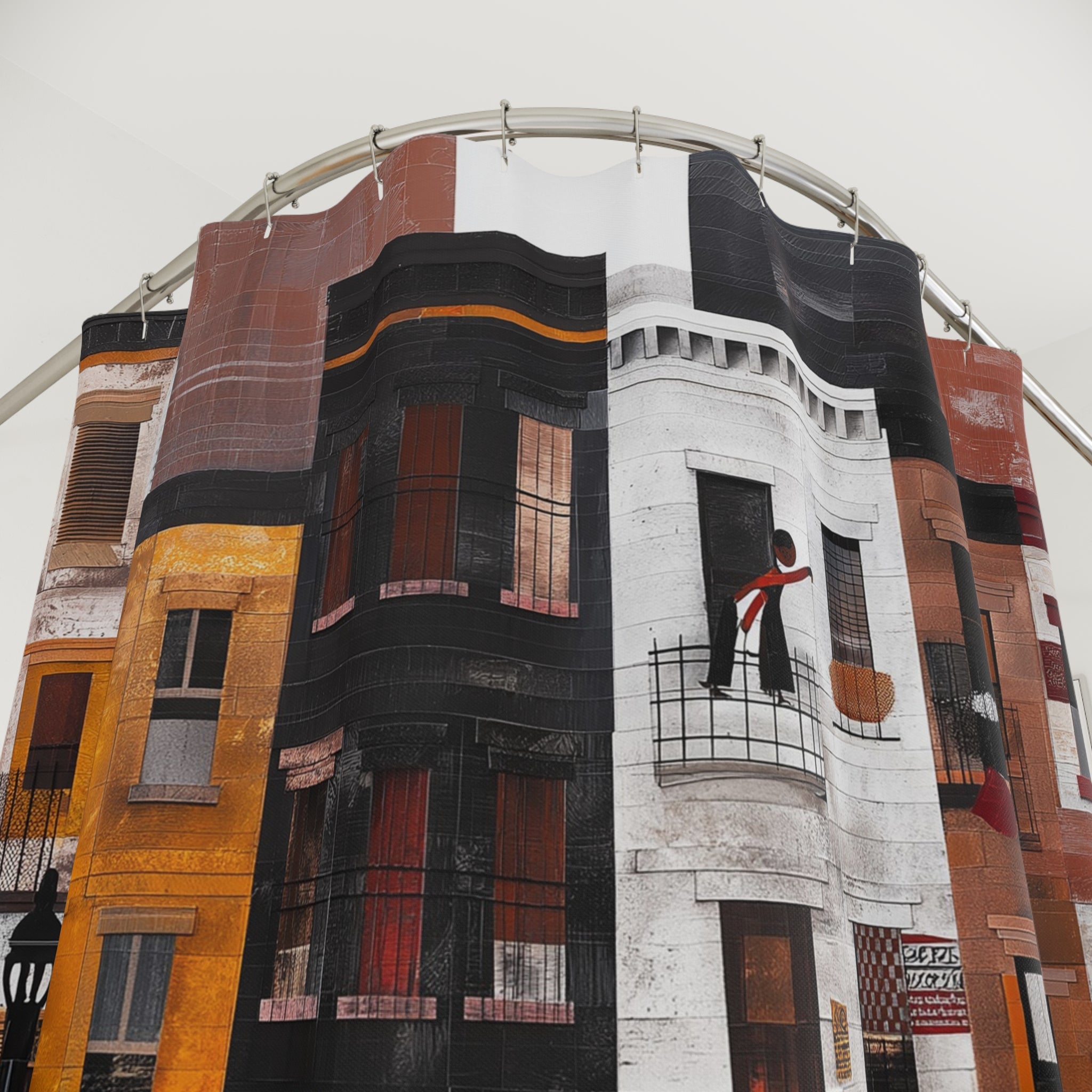 Harlem Neighborhood Shower Curtain featuring abstract brownstones and street life, Afrocentric bathroom decor inspired by Harlem culture.