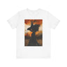 Afrocentric Black Witch T-Shirt featuring a watercolor illustration of an African American witch with black bats flying across a dark moody background. Unisex Halloween graphic tee with Afrocentric gothic design.