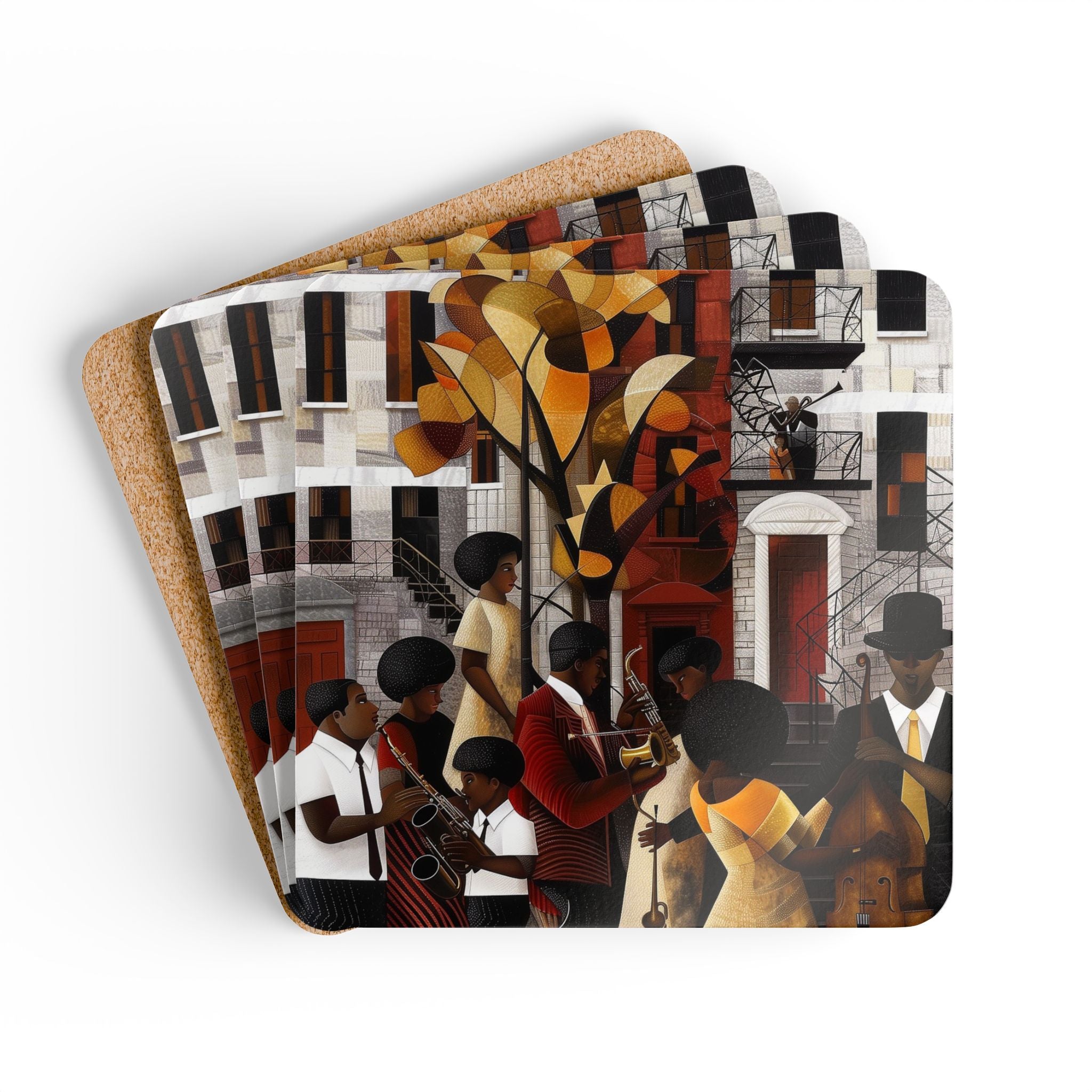 Harlem Jazz Musicians Drink Coasters – Abstract retro vintage art set inspired by jazz culture and Harlem Renaissance, perfect barware gift and Afrocentric beverage accessory.