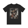 Voodoo Priest Tee Shirt featuring an Afrocentric gothic design of a voodoo priest in a top hat with skull face paint, red eyes, dark fantasy Afrocentric streetwear. (Front style)