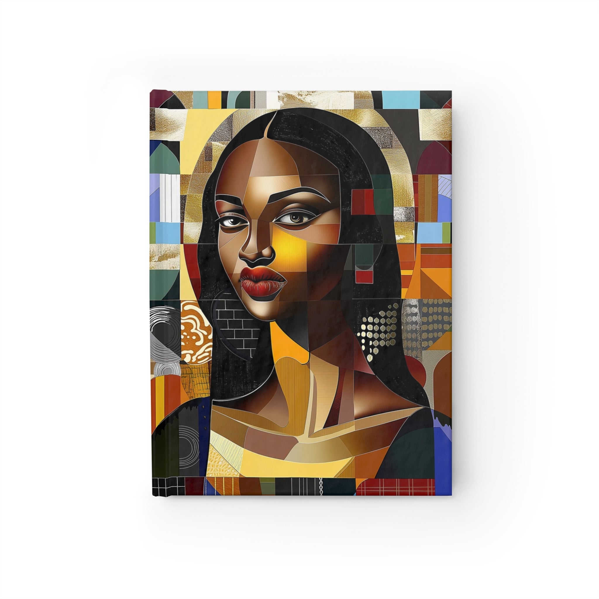 Black Mona Lisa Journal featuring an abstract pop art design of an iconic beautiful, majestic woman. Perfect for writers, artists, and creatives who celebrate Black beauty and culture.