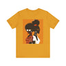 Two Black Women silhouette wearing fashionable eyewear on an orange background, featured on an Afrocentric unisex tee shirt