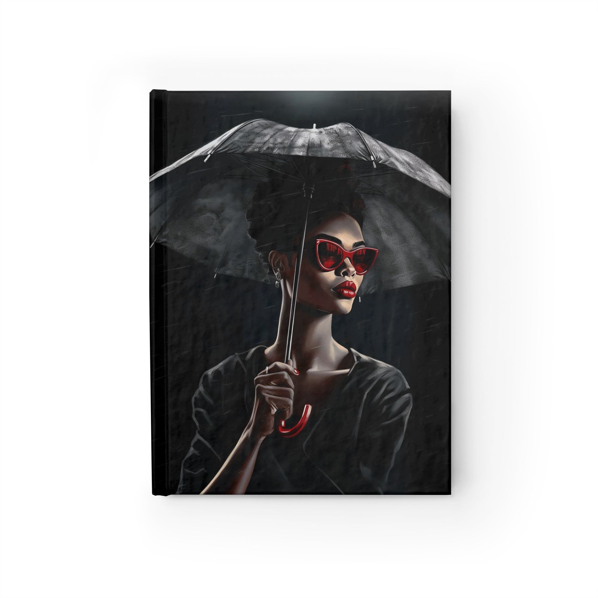 Black Woman Fashionista Journal featuring a mysterious African American woman with bold red lipstick, trendy red sunglasses, and a black umbrella in stormy weather. A stylish memory journal for fashion lovers and writers.