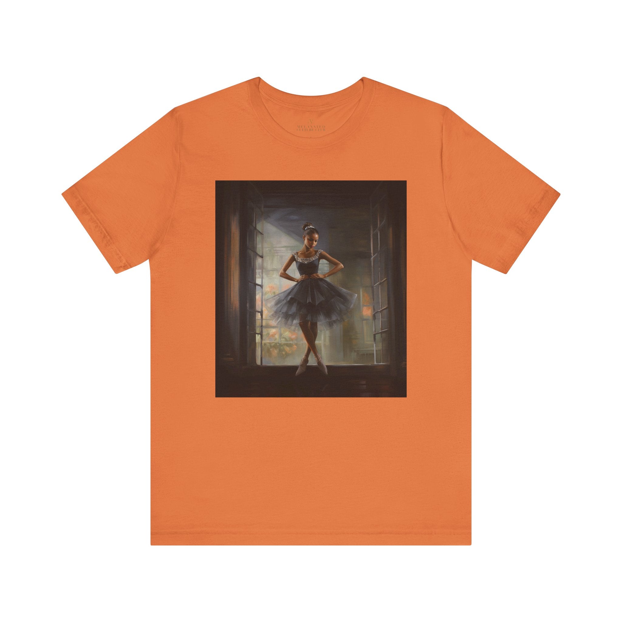 Black Ballerina Tee Shirt featuring an African American dancer, in a beautiful black tulle dress, celebrating brown skin girls in ballet. A perfect gift for ballet students, teachers, and Black girls who love to dance.