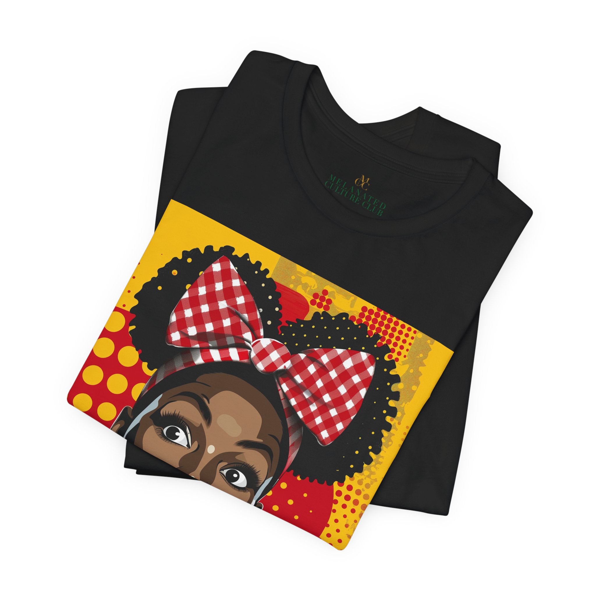 Black Girl Shocked Look Tee Shirt featuring a cartoon-style pop art illustration of a Black woman with natural hair and a red polka-dotted hair bow. Afrocentric graphic tee celebrating Black Girl Magic and expressive streetwear style.