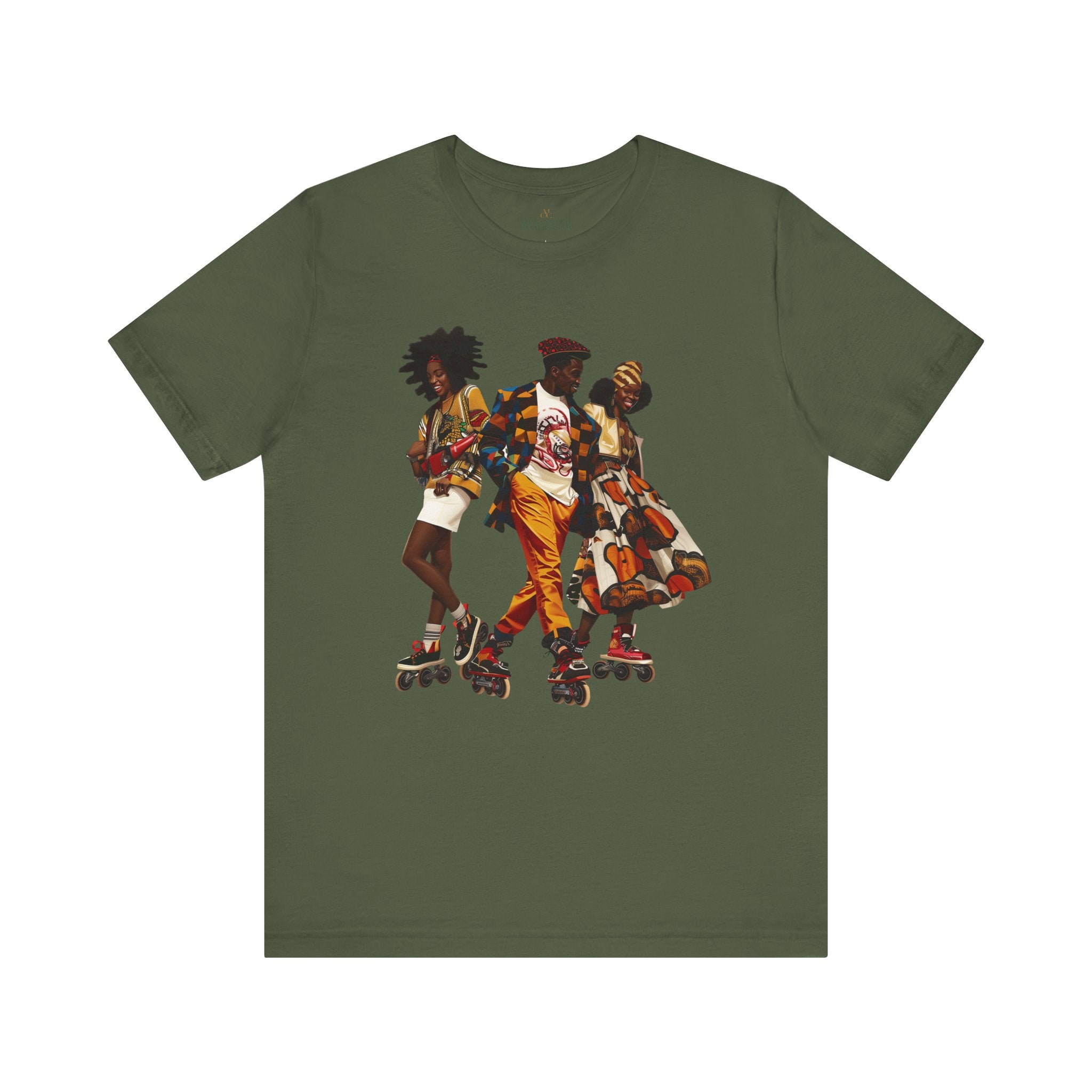 Black Roller Skaters Hip Hop Tee Shirt featuring a stylish Black man and women roller skating in vibrant Afrocentric streetwear; adult unisex top celebrating Black culture, retro skating vibes, and urban fashion.