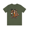 Black Roller Skaters Hip Hop Tee Shirt featuring a stylish Black man and women roller skating in vibrant Afrocentric streetwear; adult unisex top celebrating Black culture, retro skating vibes, and urban fashion.