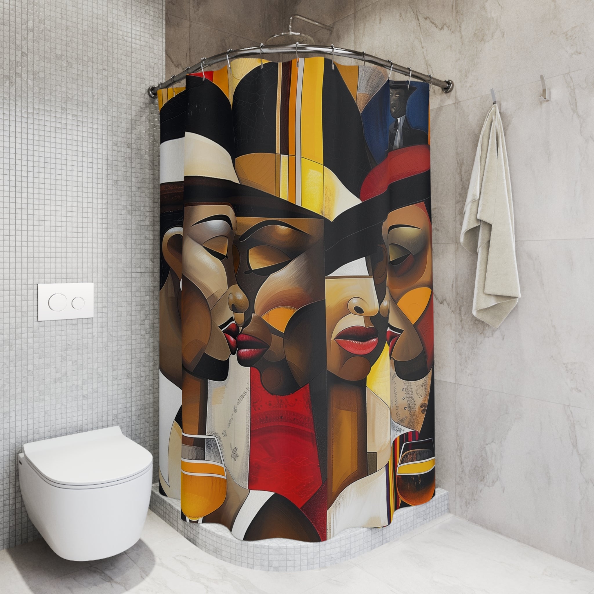 Harlem Era Bathroom Shower Curtain featuring stylish Black fashionistas from the Ladies and Gents collection, inspired by Harlem art, Bauhaus, and pop art design.