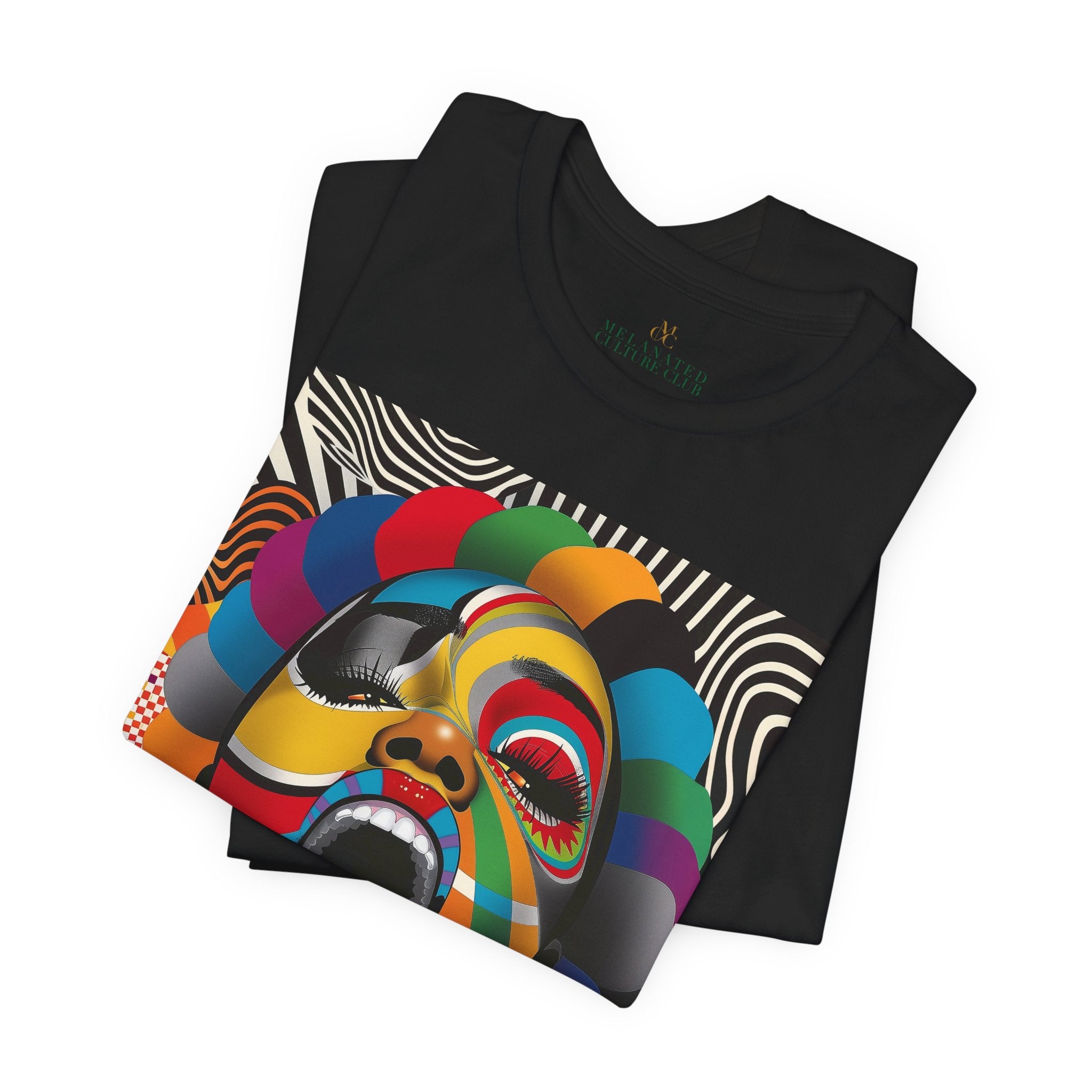 Black woman pop art tee, Afrocentric graphic shirt, scream comic tee, retro 70s psychedelic top, Black streetwear fashion, Afro pop culture shirt, vibrant Black woman art tee, halftone retro t-shirt, Afro art clothing, bold comic style tee