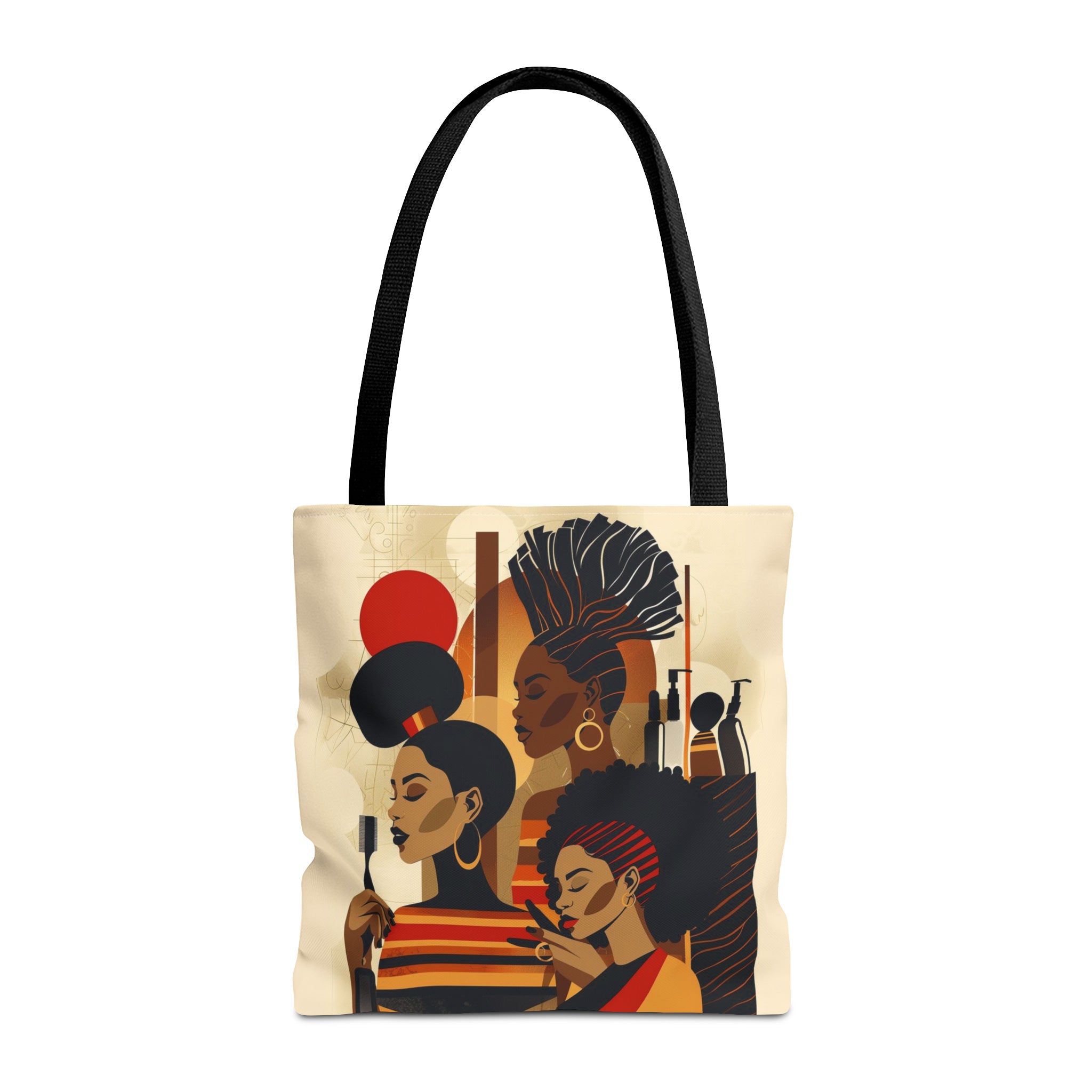 Tote bag featuring a vibrant illustration of a melanated woman in a beauty salon setting. Designed as a stylish and functional bag for hair stylists, beauticians, and brown skin girls. Perfect for carrying salon tools, shopping items, or everyday essentials.