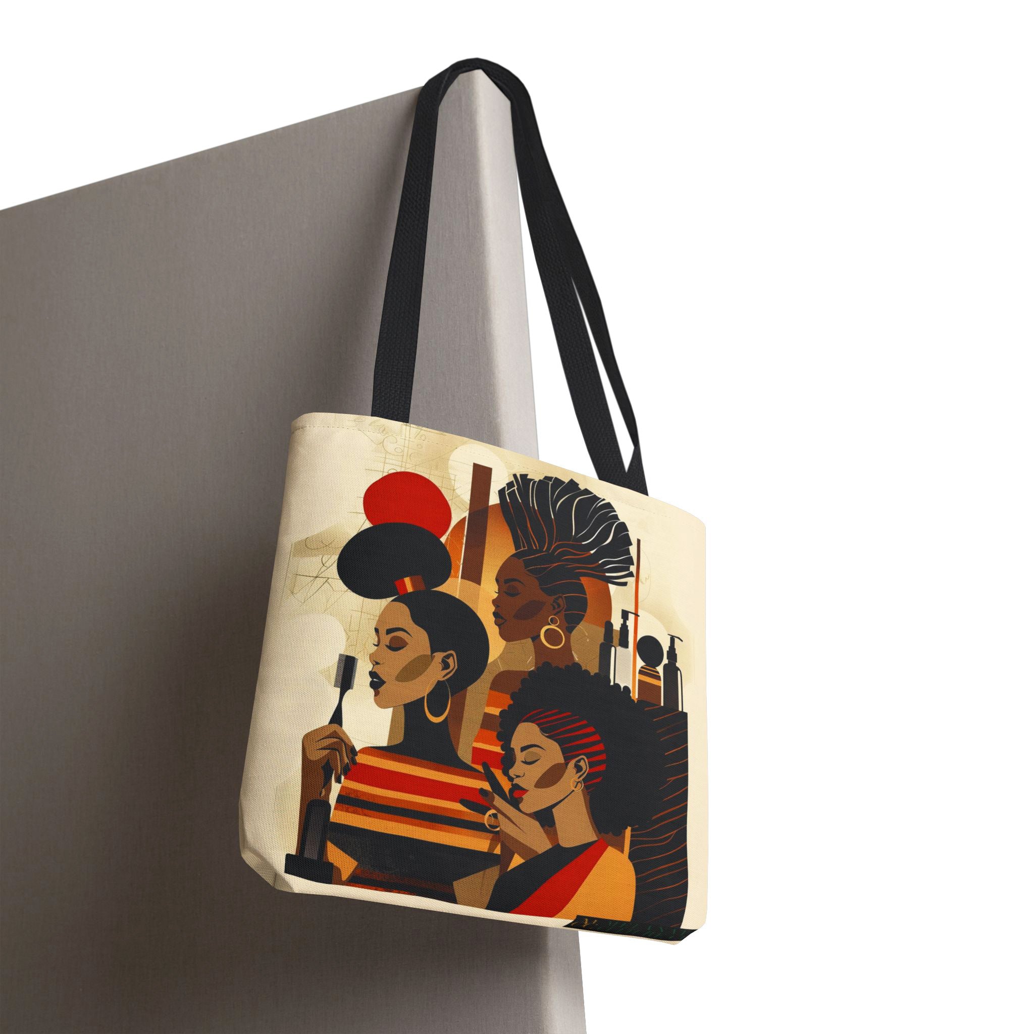 Tote bag featuring a vibrant illustration of a melanated woman in a beauty salon setting. Designed as a stylish and functional bag for hair stylists, beauticians, and brown skin girls. Perfect for carrying salon tools, shopping items, or everyday essentials.