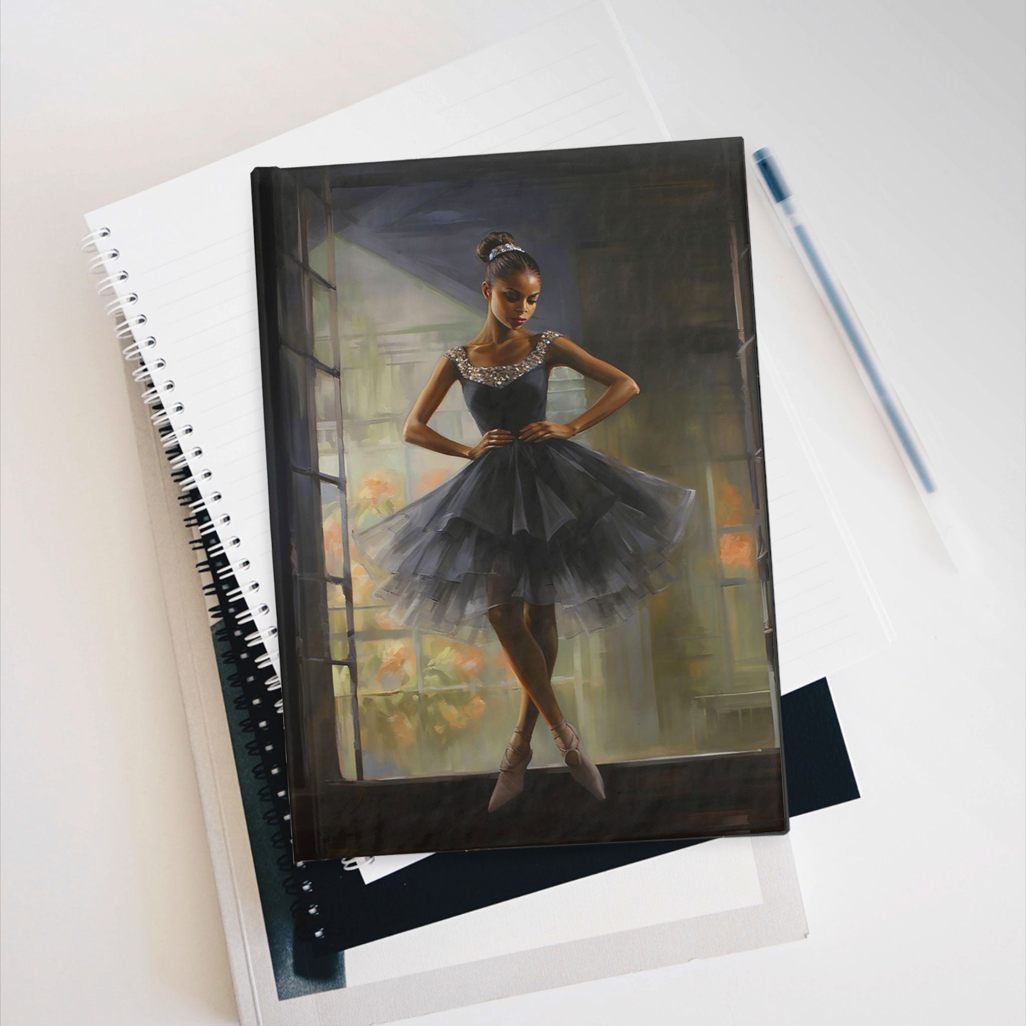 Black Girl Ballerina Journal featuring a graceful ballerina dance pose. Perfect for journaling goals, dance sketches, and choreography notes. A great gift for ballet students, teachers, and dance lovers.