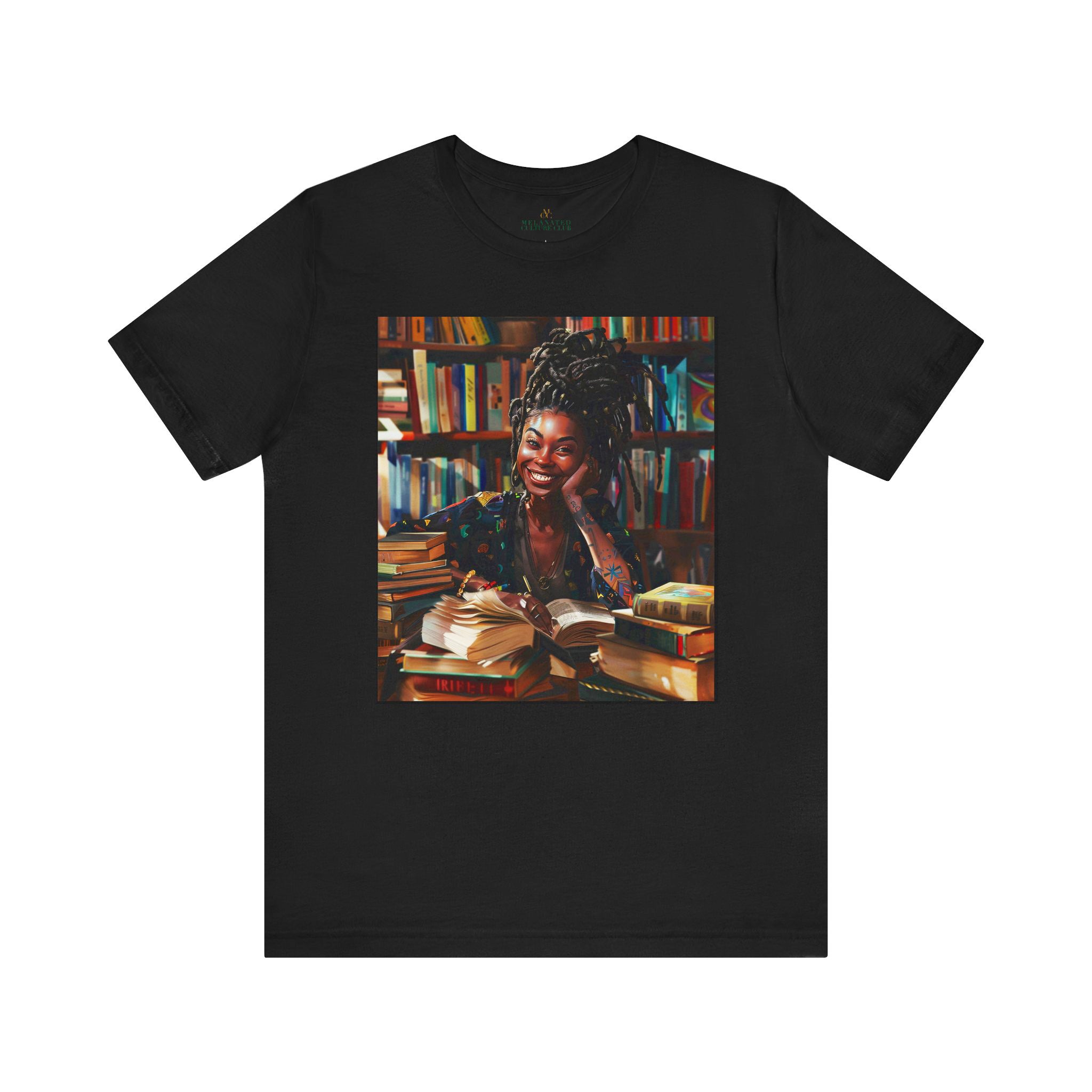 Black Girl Student Tee featuring a happy Black girl with dreadlocks studying in a library, surrounded by books. A stylish and empowering shirt celebrating Black college students and education.