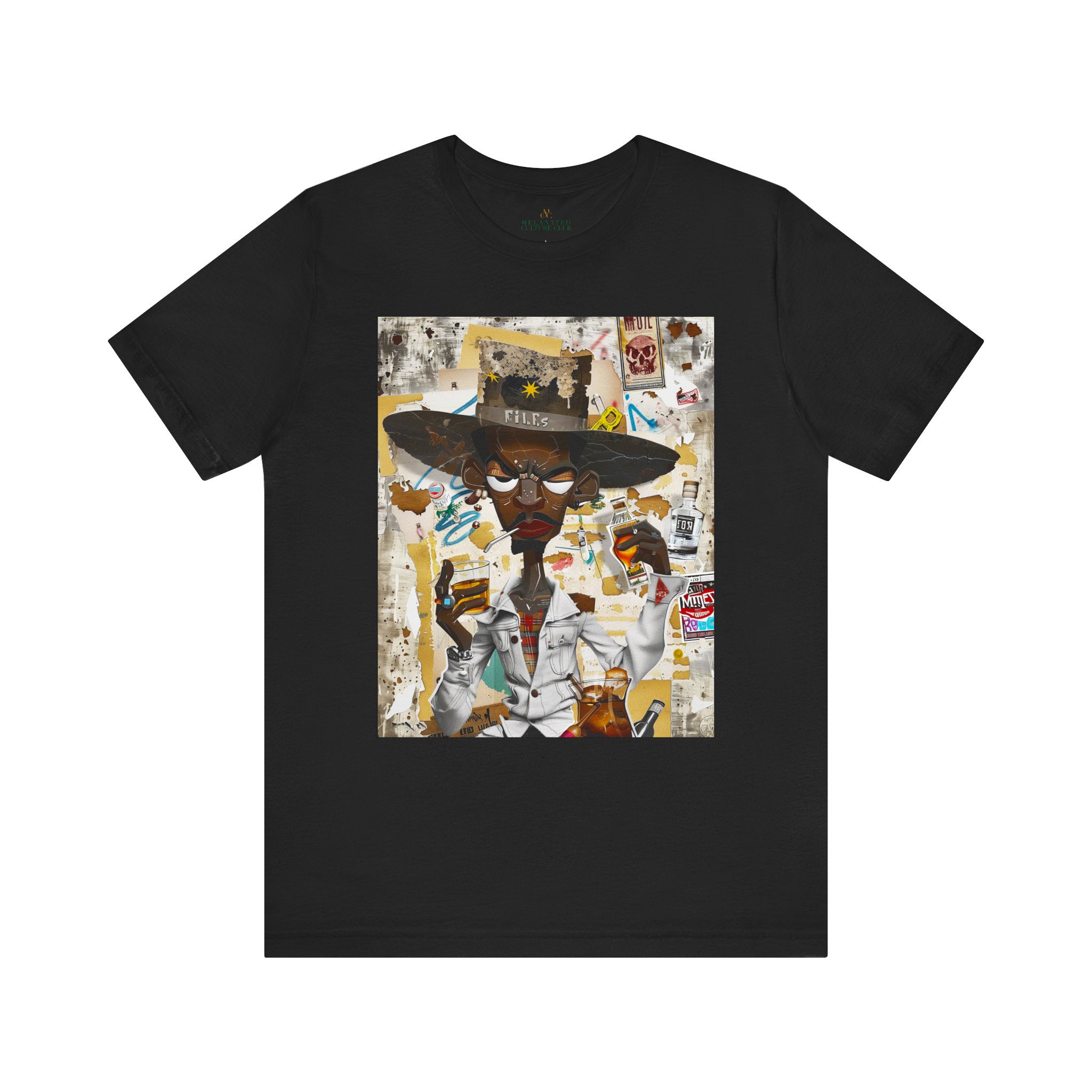 Cowboy Tee featuring a cartoon-style African American cowboy smoking a cigarette and drinking whiskey. A bold, graffiti collage pop art design with an edgy Western and Afrocentric cultural vibe.