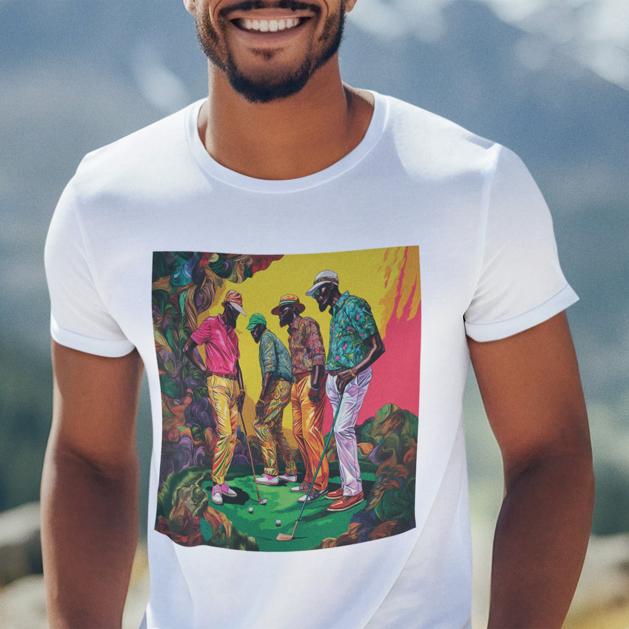 Black Men Golfers Tee Shirt featuring vibrant, colorful golf-inspired design. Perfect golfing attire for African American men who love the sport and celebrate Black culture in golf.