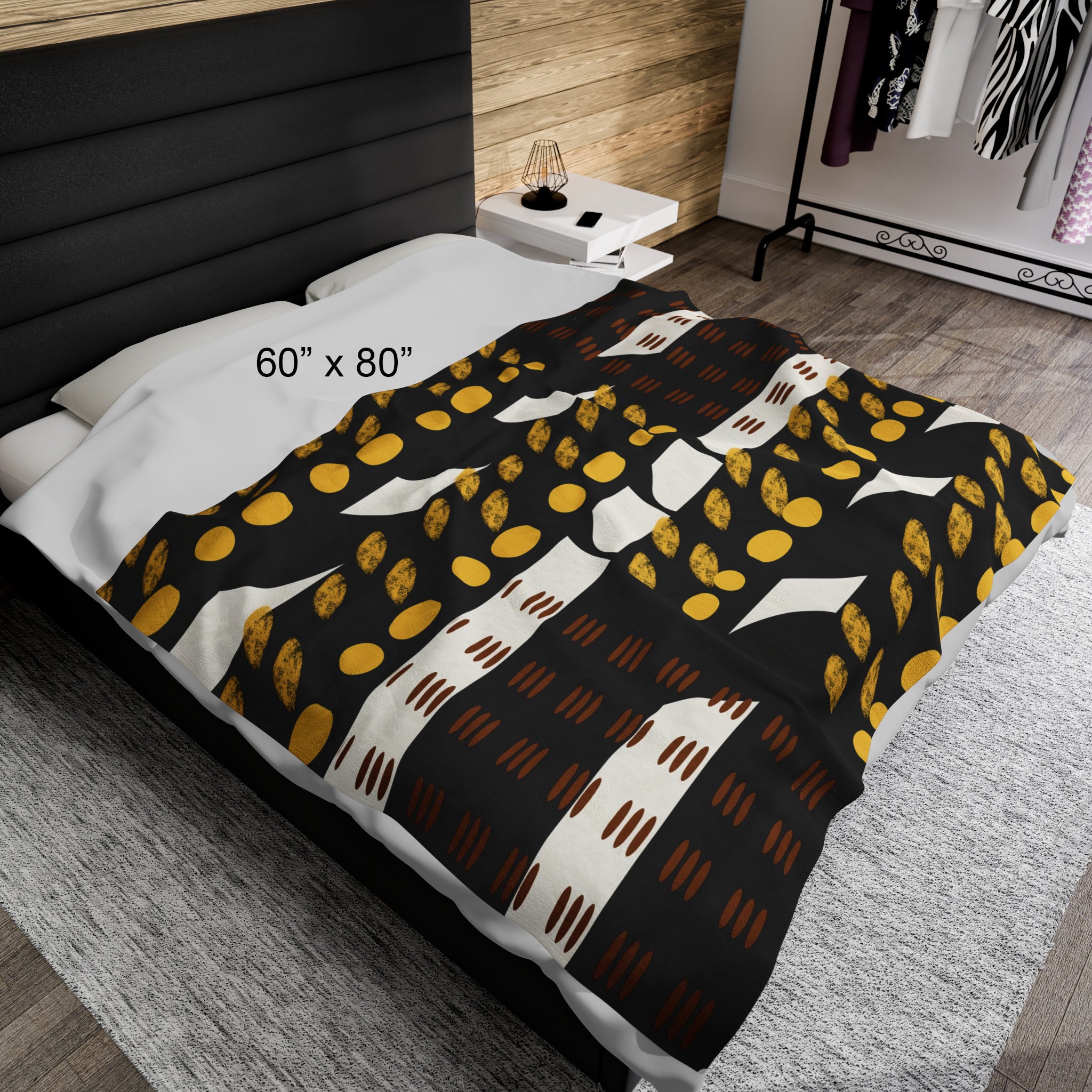 African Mud Cloth Print Velveteen Blanket 60" x 80" size on a full-size bed.