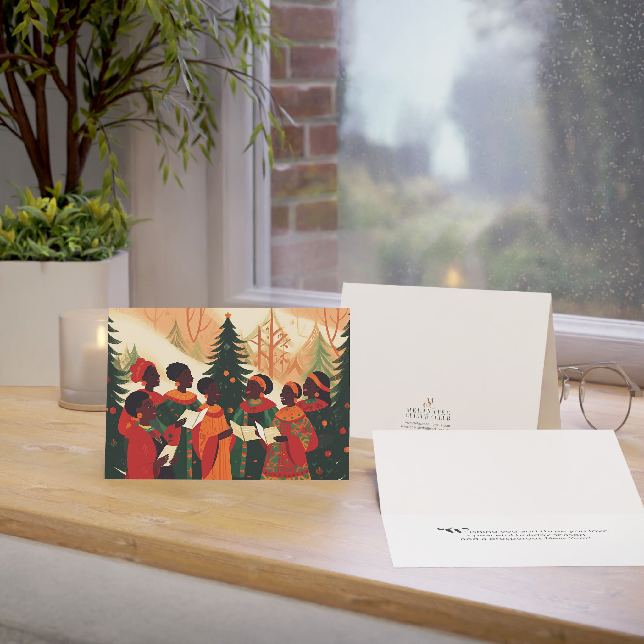 Christmas cards featuring African American holiday carolers and Black church choir singers in festive attire, available as a single card or boxed set with white envelopes.