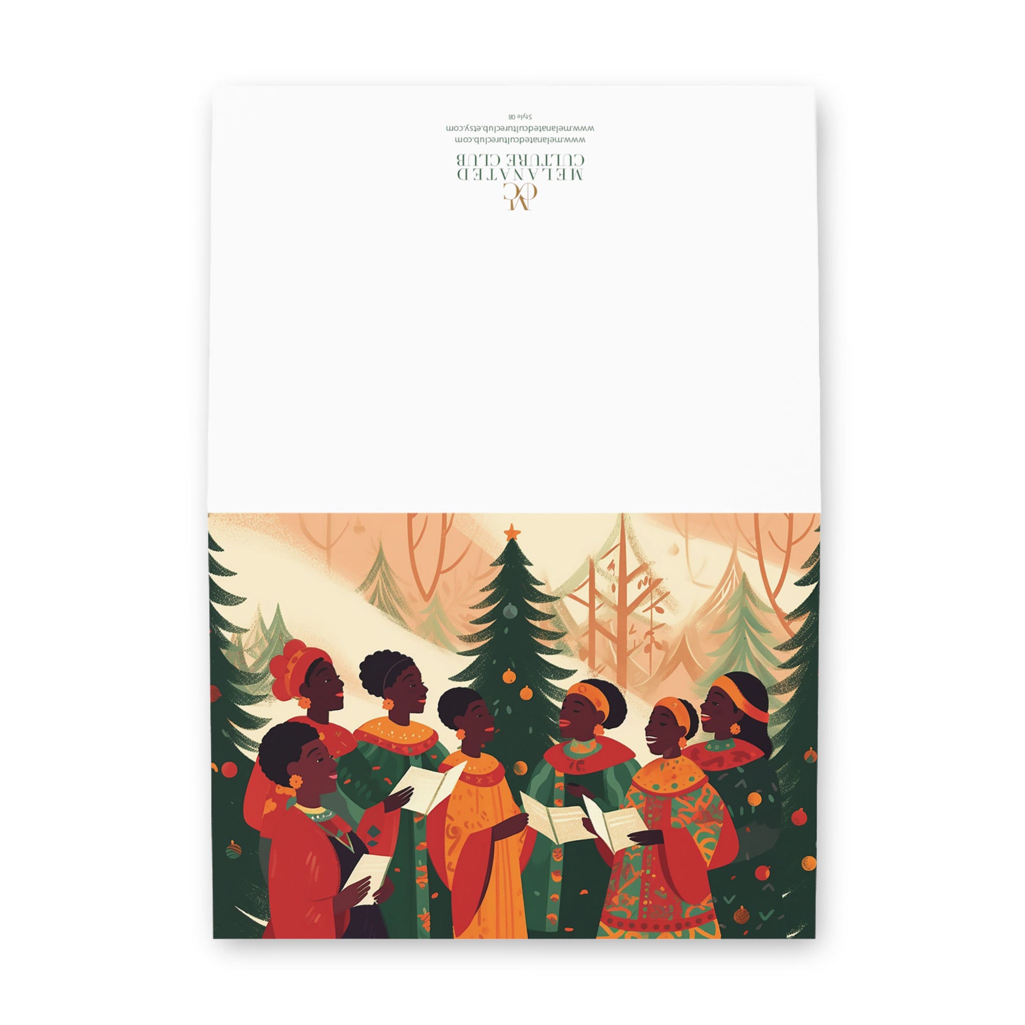 Christmas cards featuring African American holiday carolers and Black church choir singers in festive attire, available as a single card or boxed set with white envelopes.