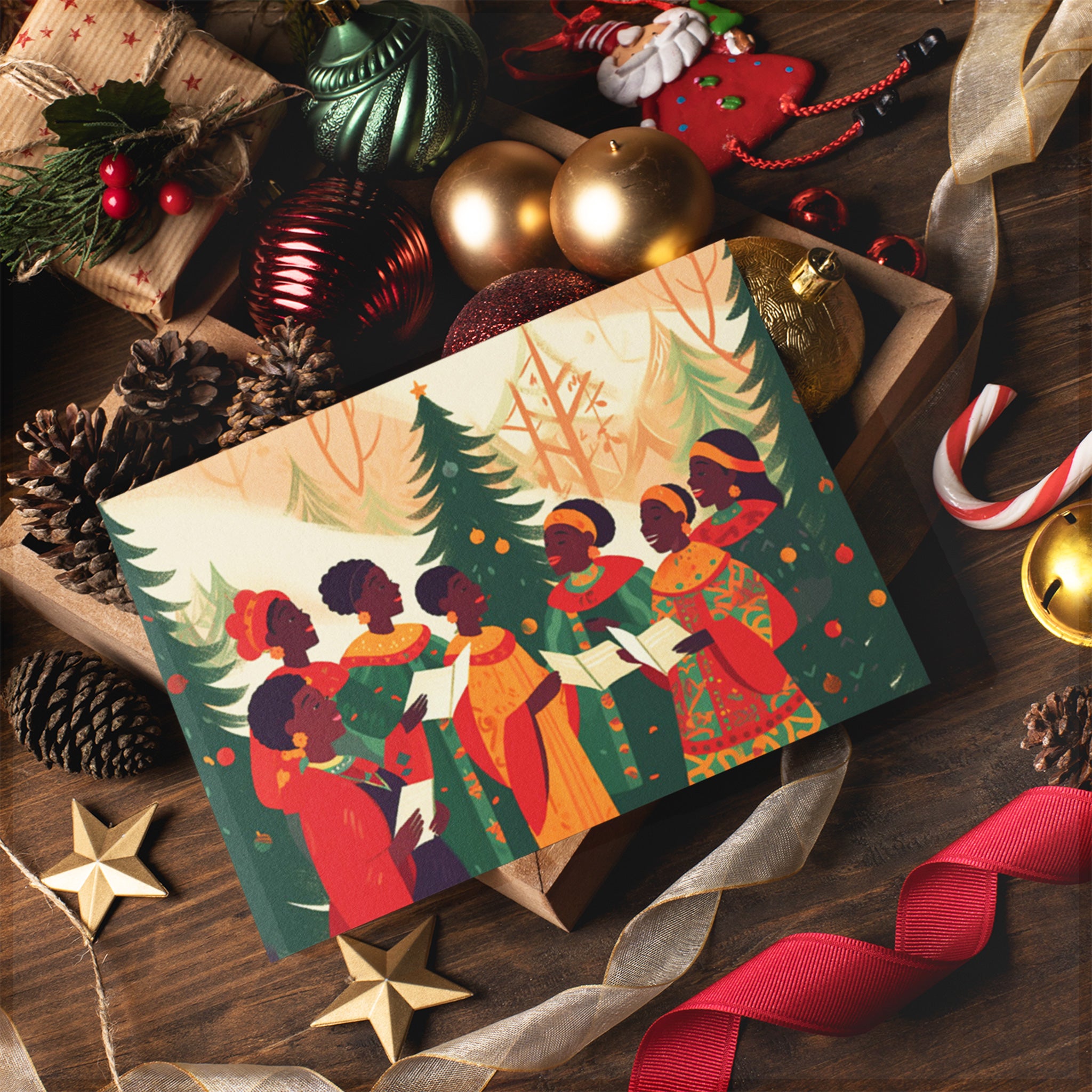 Black Choir Singers Christmas Cards - Seasonal Afrocentric Christmas  Stationery - Style 08, image size:2048x2048