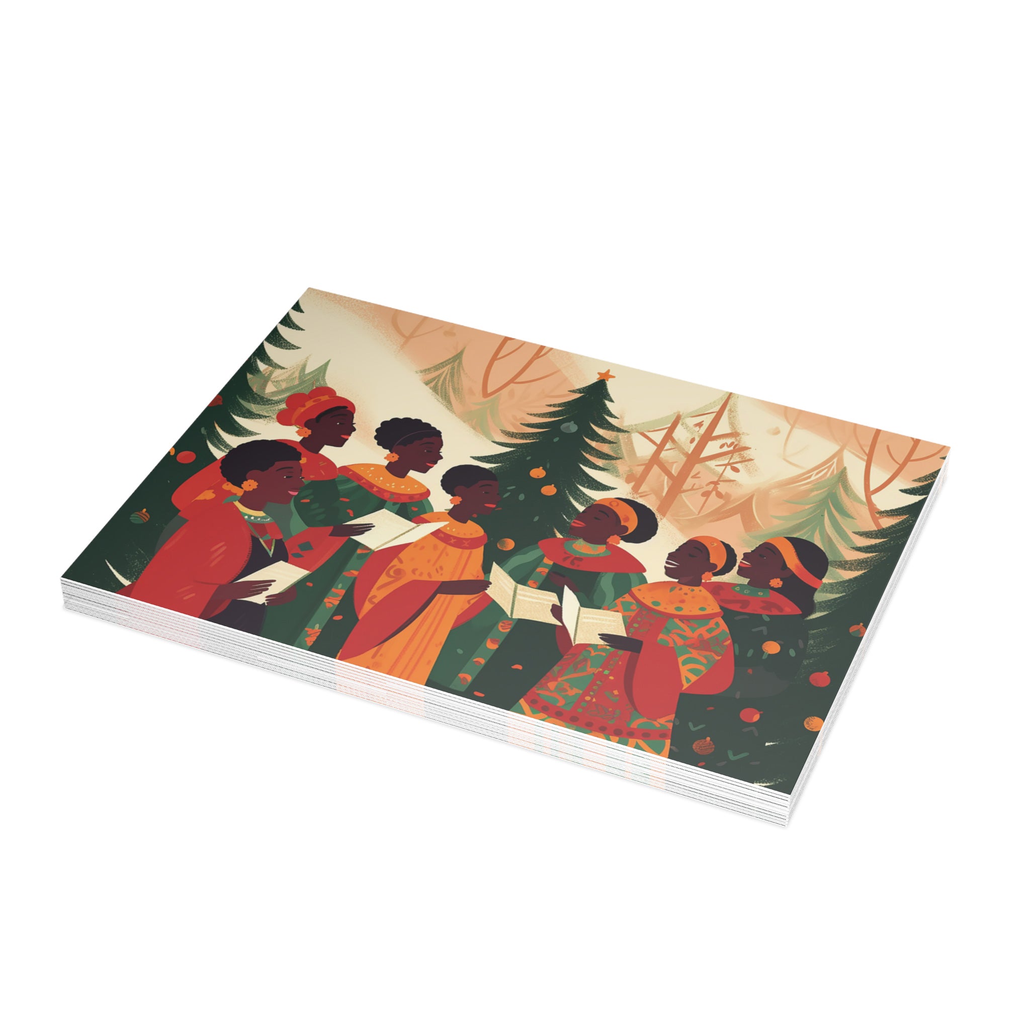 Christmas cards featuring African American holiday carolers and Black church choir singers in festive attire, available as a single card or boxed set with white envelopes. (10 cards)