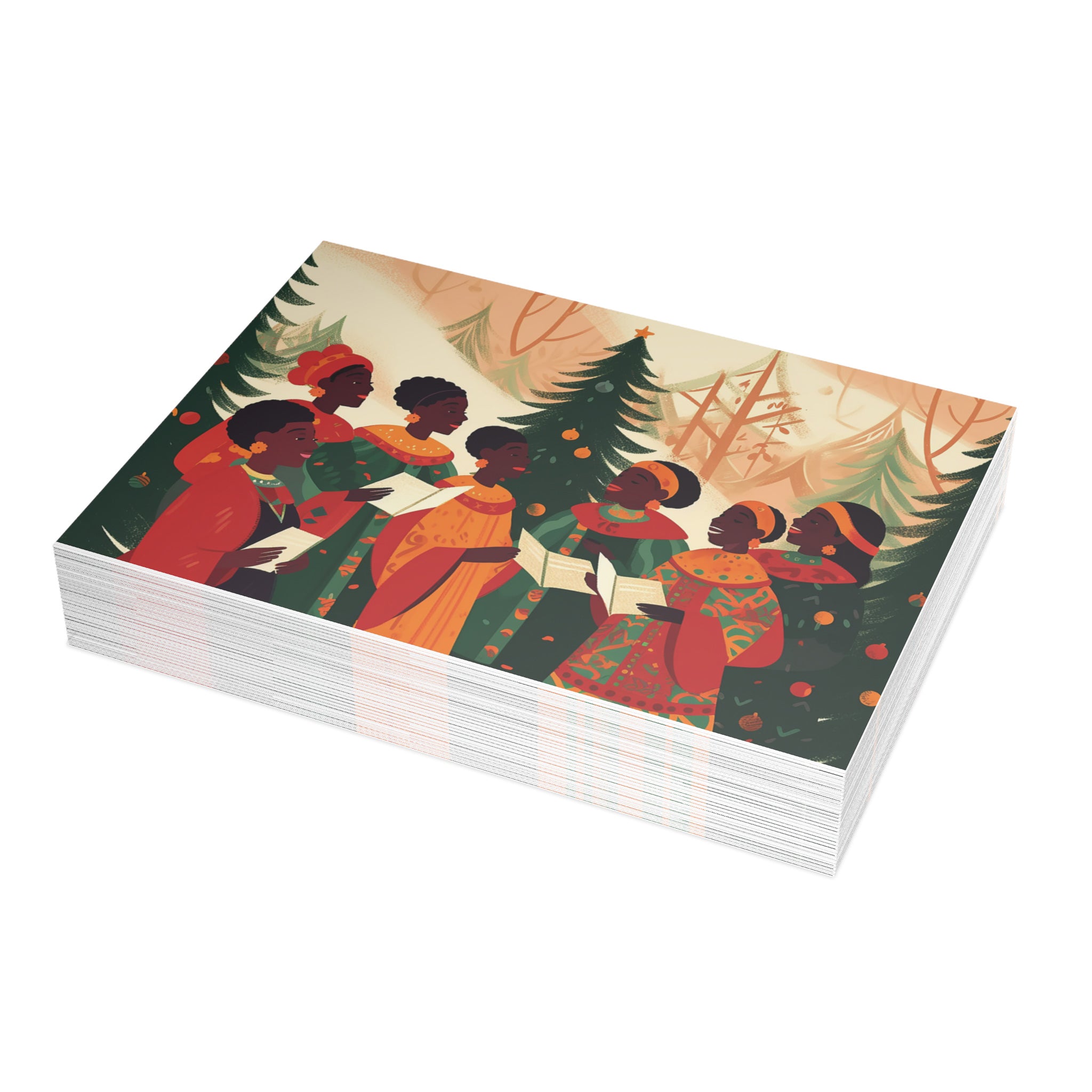Christmas cards featuring African American holiday carolers and Black church choir singers in festive attire, available as a single card or boxed set with white envelopes. (30 cards)
