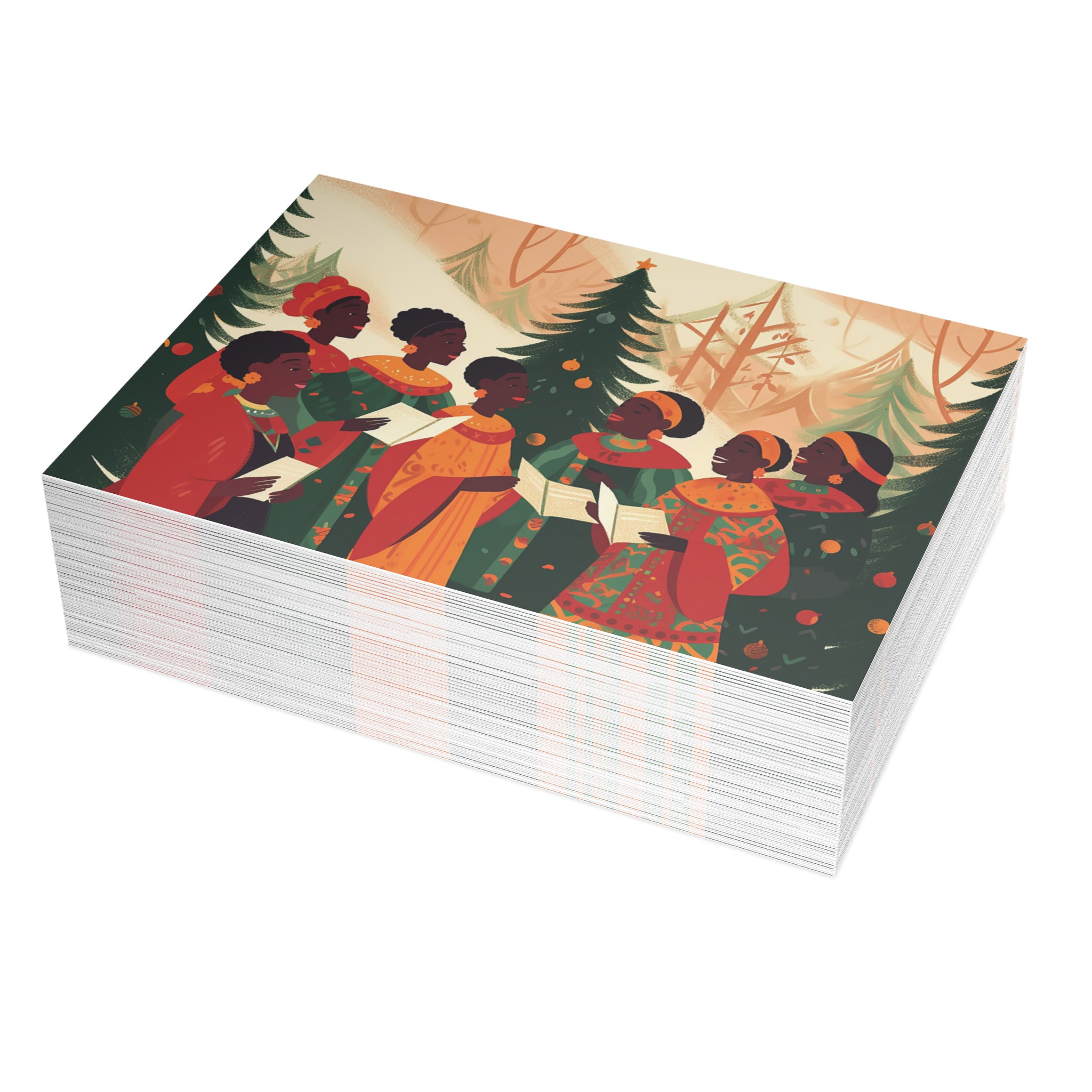 Christmas cards featuring African American holiday carolers and Black church choir singers in festive attire, available as a single card or boxed set with white envelopes. (50 cards)