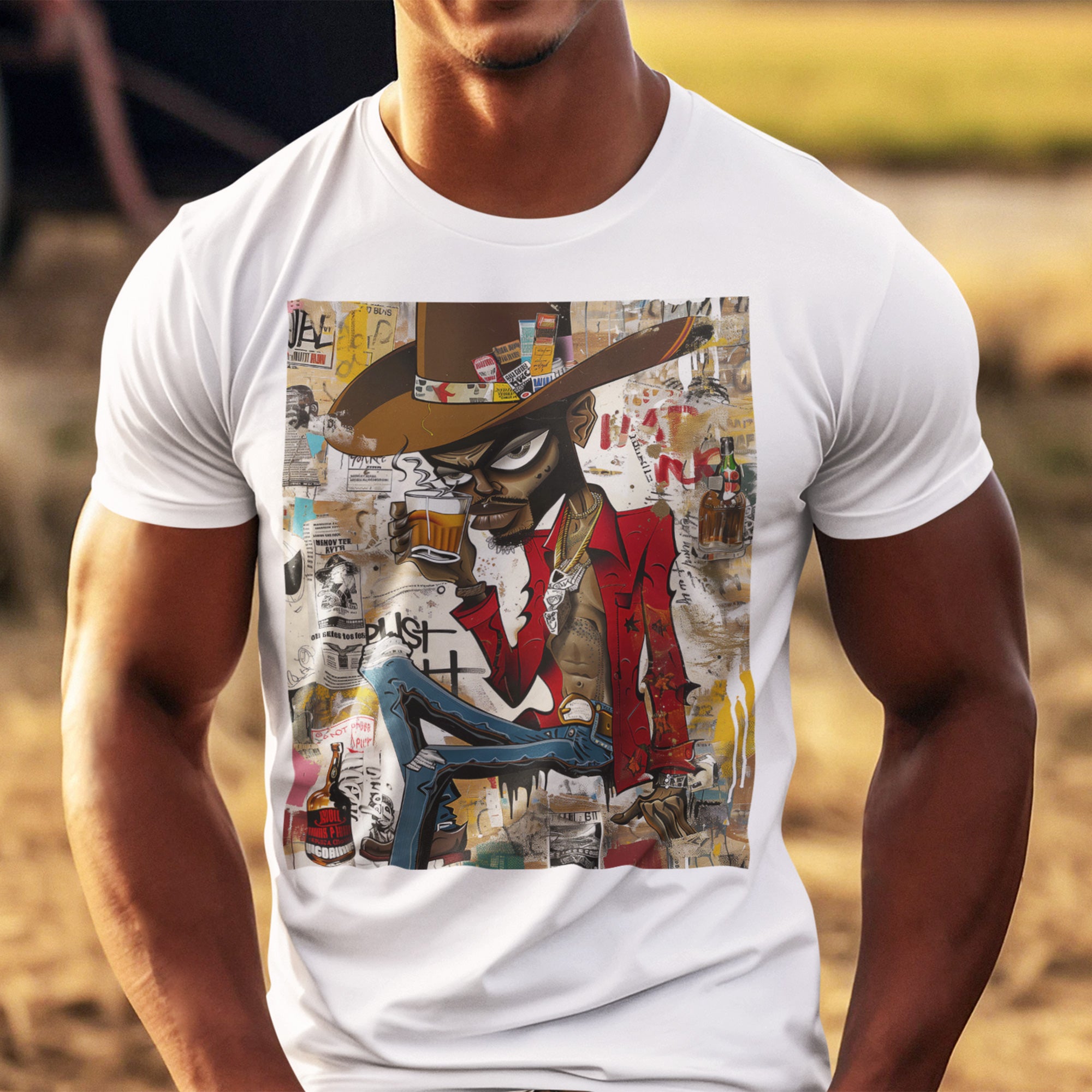 Gangster Black Cowboy Tee featuring a cartoon-style African American cowboy drinking whiskey in a bold graffiti collage design. An edgy Afrocentric pop art-style shirt blending Western grit with urban street culture.